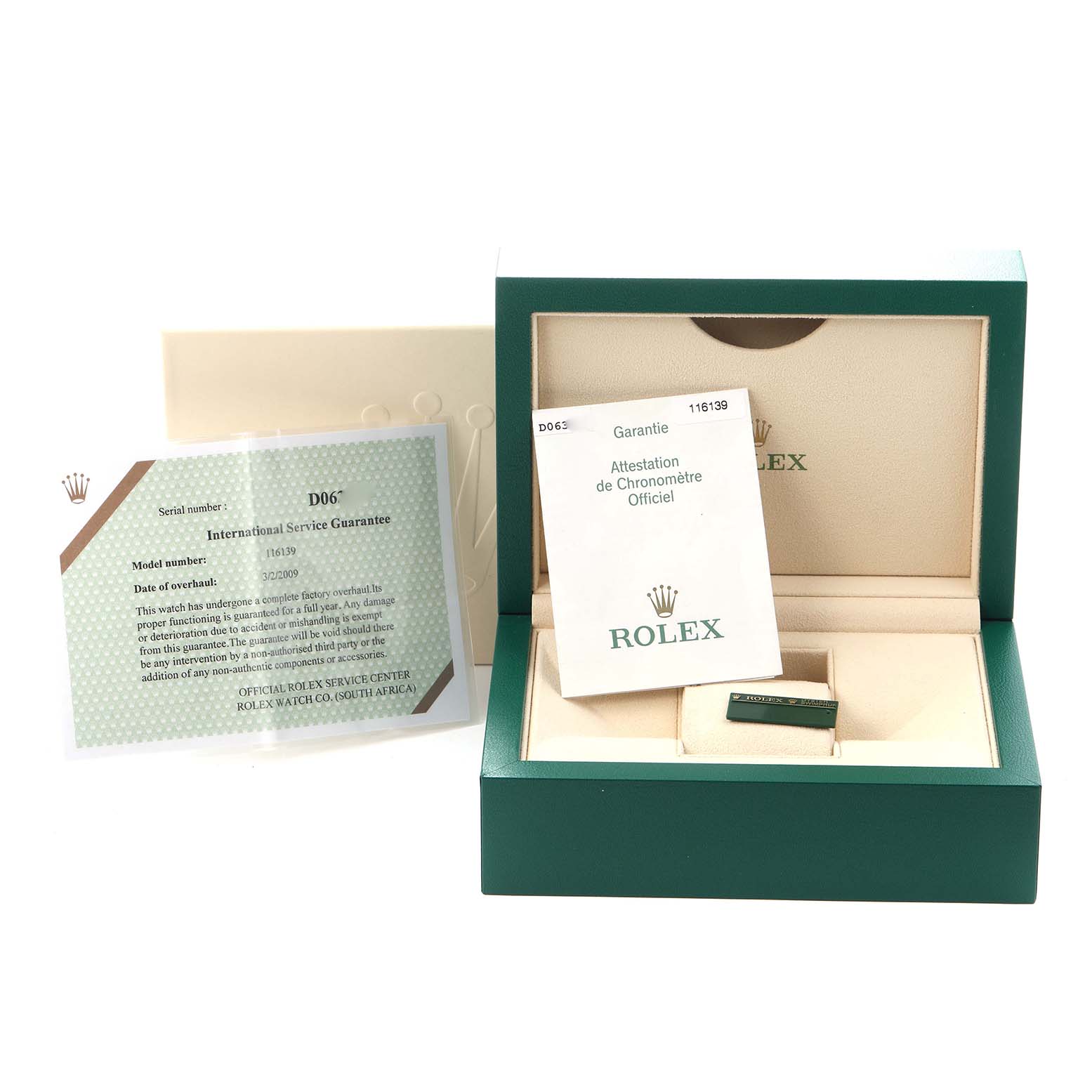 The image shows a green Rolex Datejust 116139 Men's White Gold White Dial 116139 Men's White Gold White Dial watch box open with documents and accessories, viewed from the front angle.