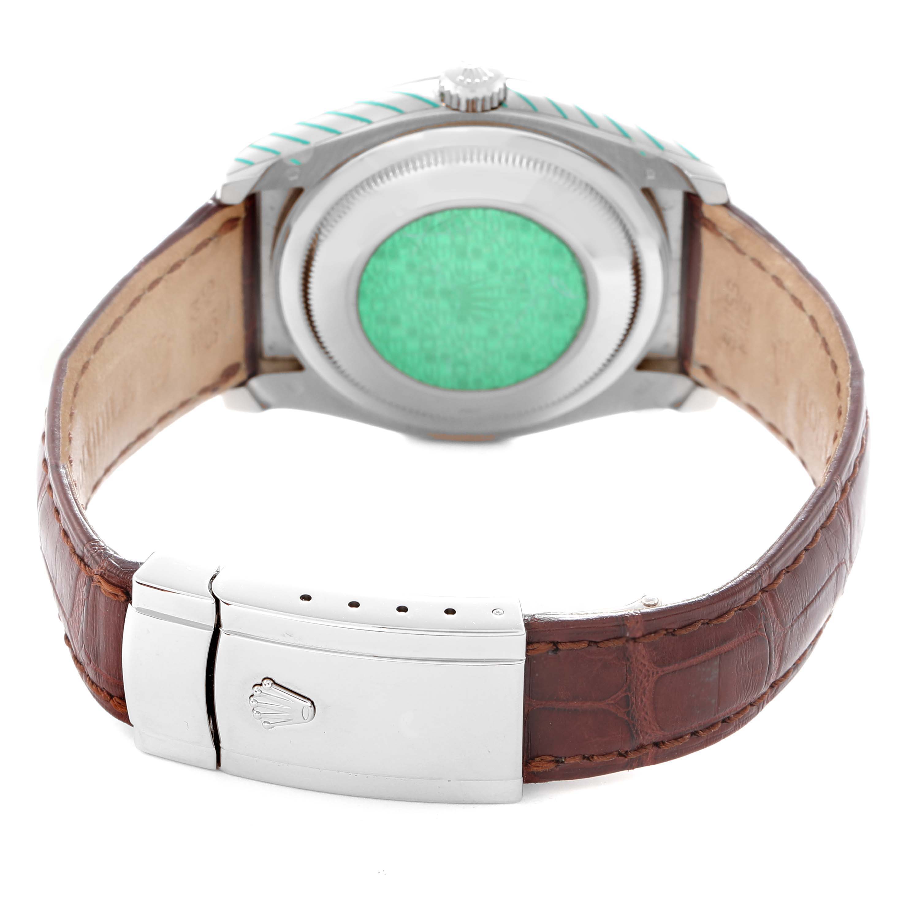 The image shows the back and clasp of a Rolex Datejust 116139 Men's White Gold White Dial 116139 Men's White Gold White Dial, featuring a brown leather strap.