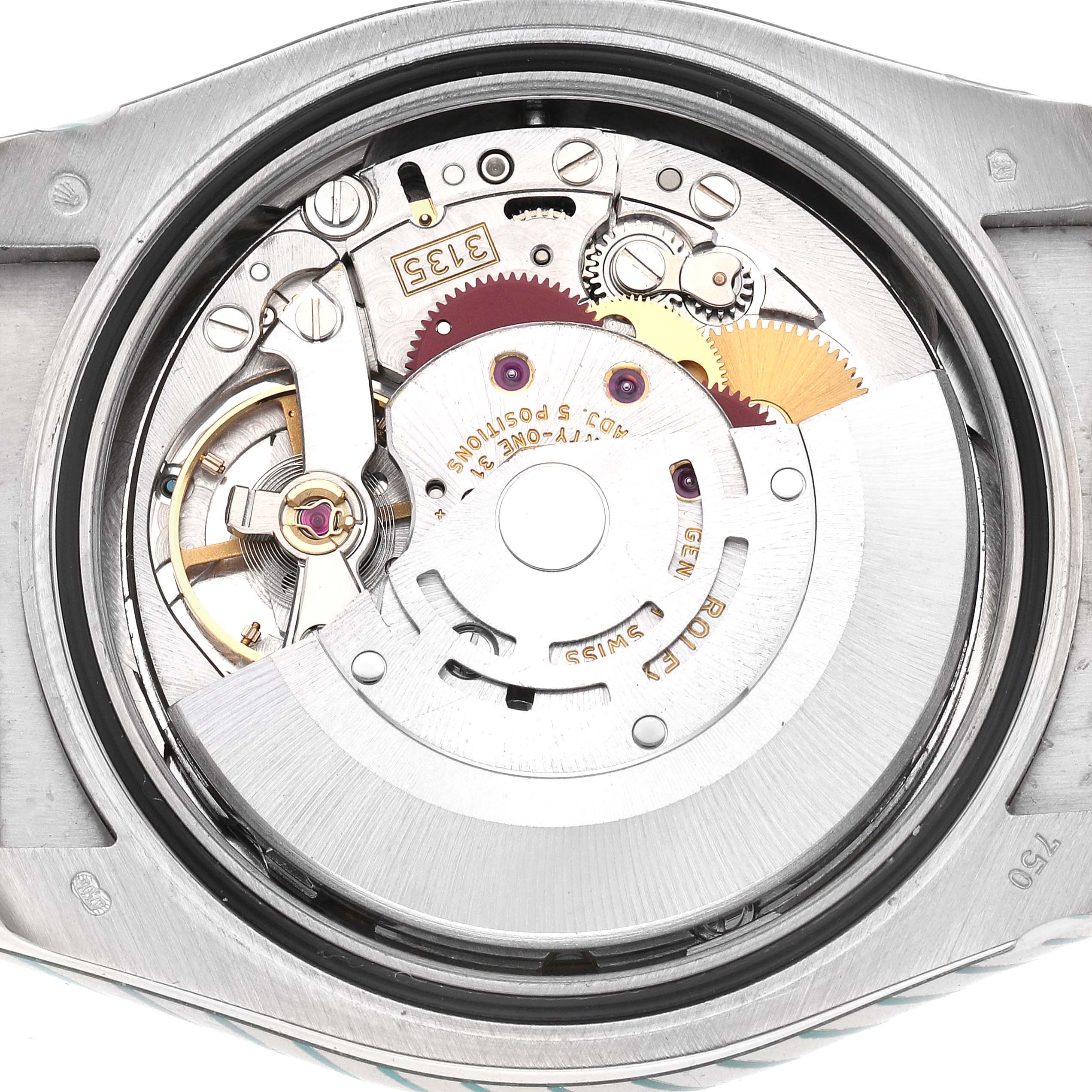 The image shows the open case back of a Rolex Datejust 116139 Men's White Gold White Dial 116139 Men's White Gold White Dial, revealing its intricate movement components.