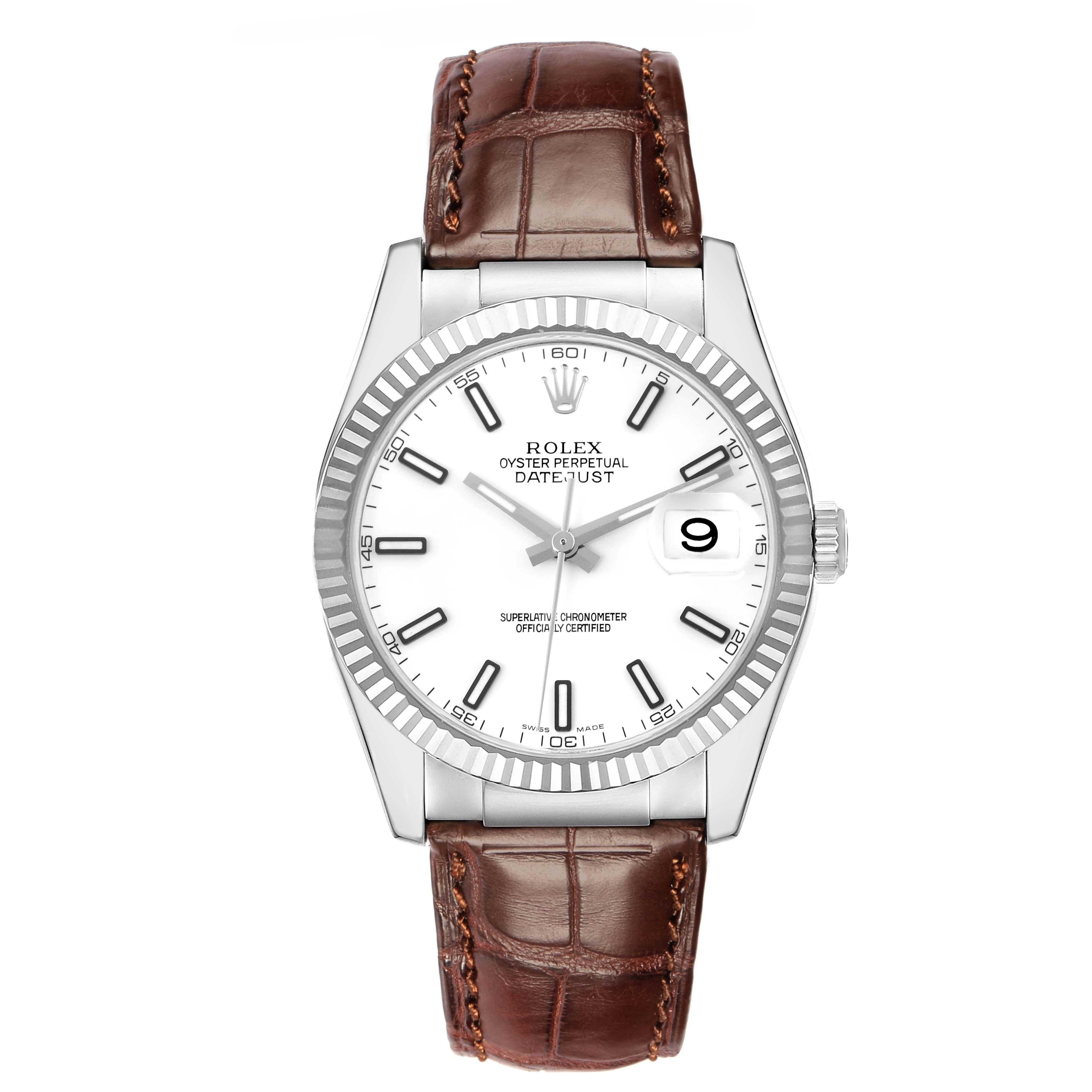 The Rolex Datejust 116139 Men's White Gold White Dial 116139 Men's White Gold White Dial watch is shown from a front angle, highlighting the dial, bezel, and leather strap.