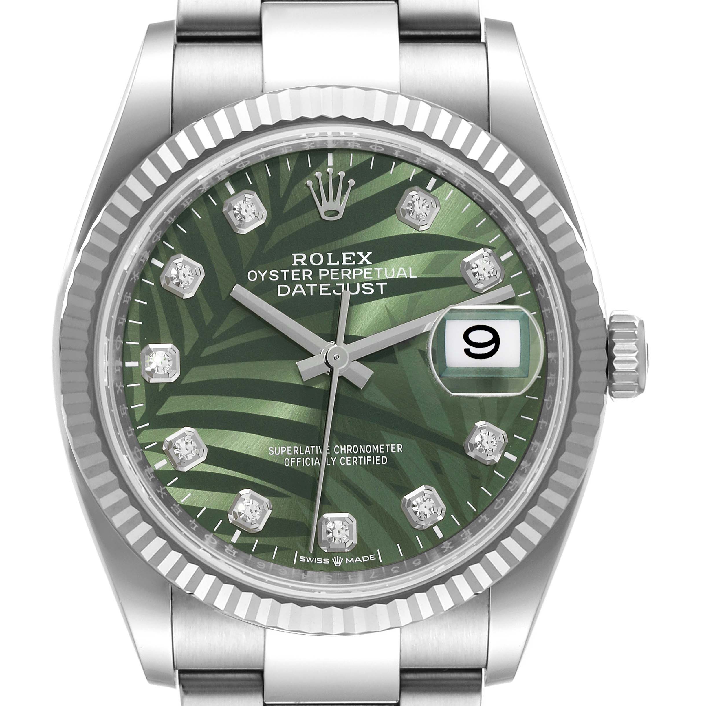 This Rolex Datejust 126234 Men's Stainless Steel Green Dial 126234 Men's Stainless Steel Green Dial watch is shown from the front, highlighting its green dial, diamond hour markers, and date window at 3 o'clock.