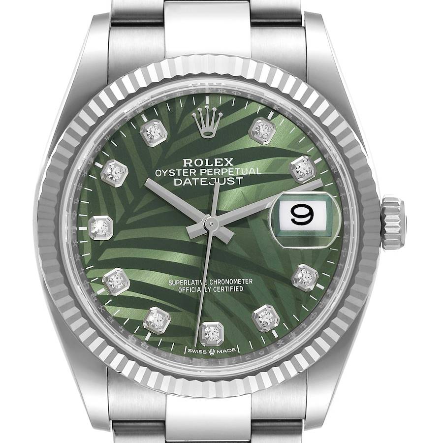 Rolex Datejust 36mm Olive Green Palm Diamond Dial Mens Watch 126234 Unworn SwissWatchExpo