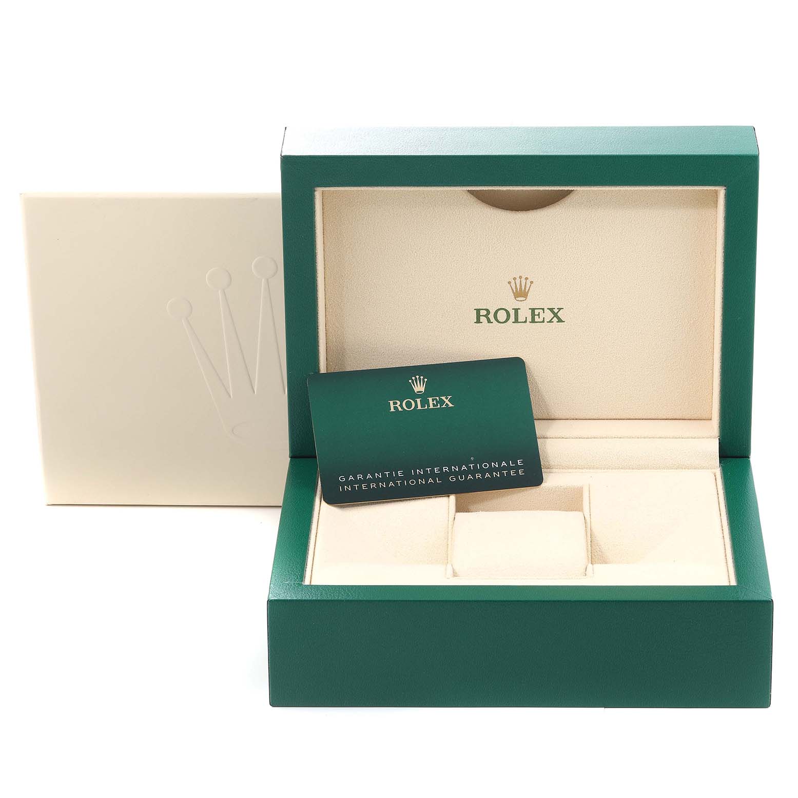 This image shows the open box and international guarantee card for a Rolex Datejust 126234 Men's Stainless Steel Green Dial 126234 Men's Stainless Steel Green Dial watch.