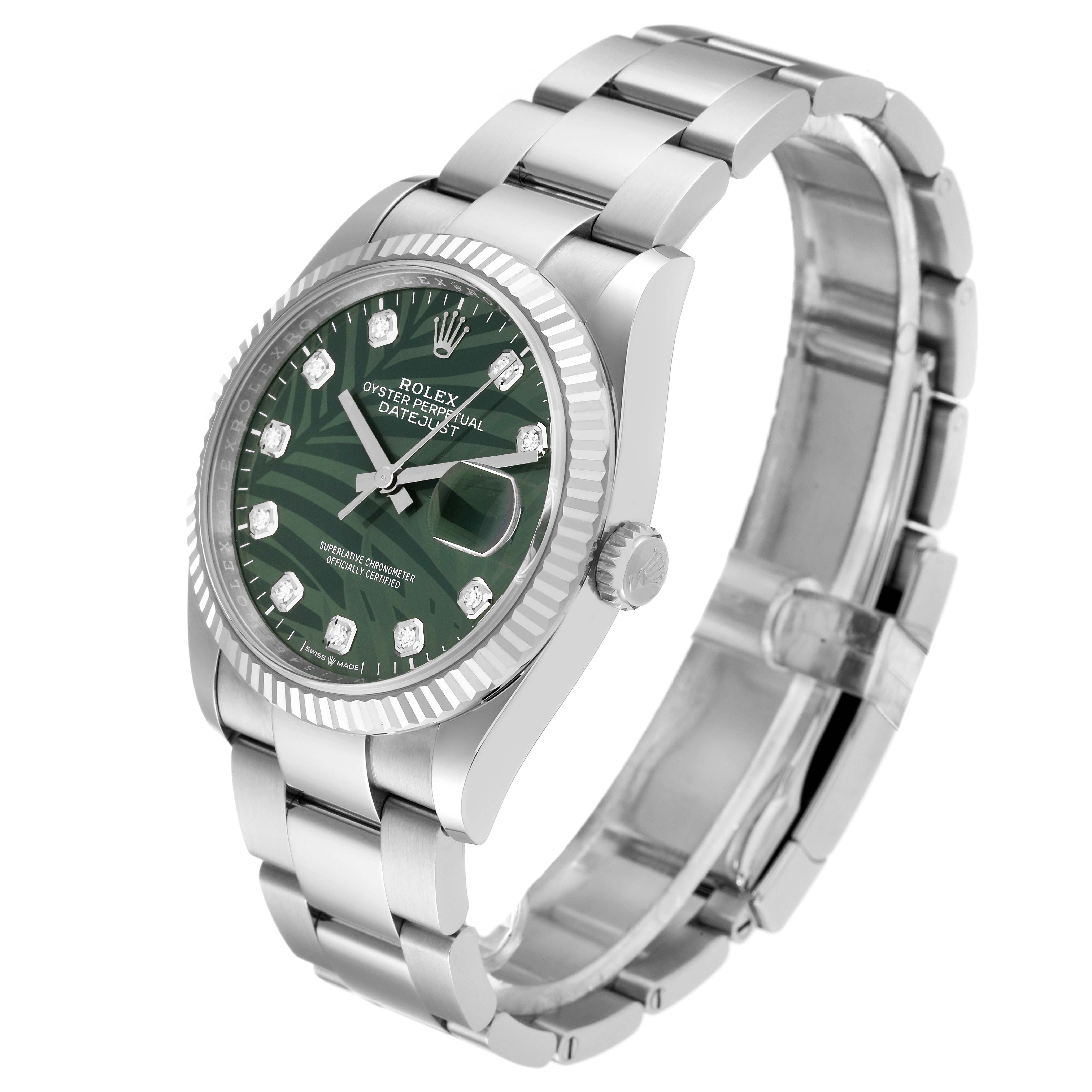 The Rolex Datejust 126234 Men's Stainless Steel Green Dial 126234 Men's Stainless Steel Green Dial watch is shown at an angled view, displaying the face, bracelet, and crown.