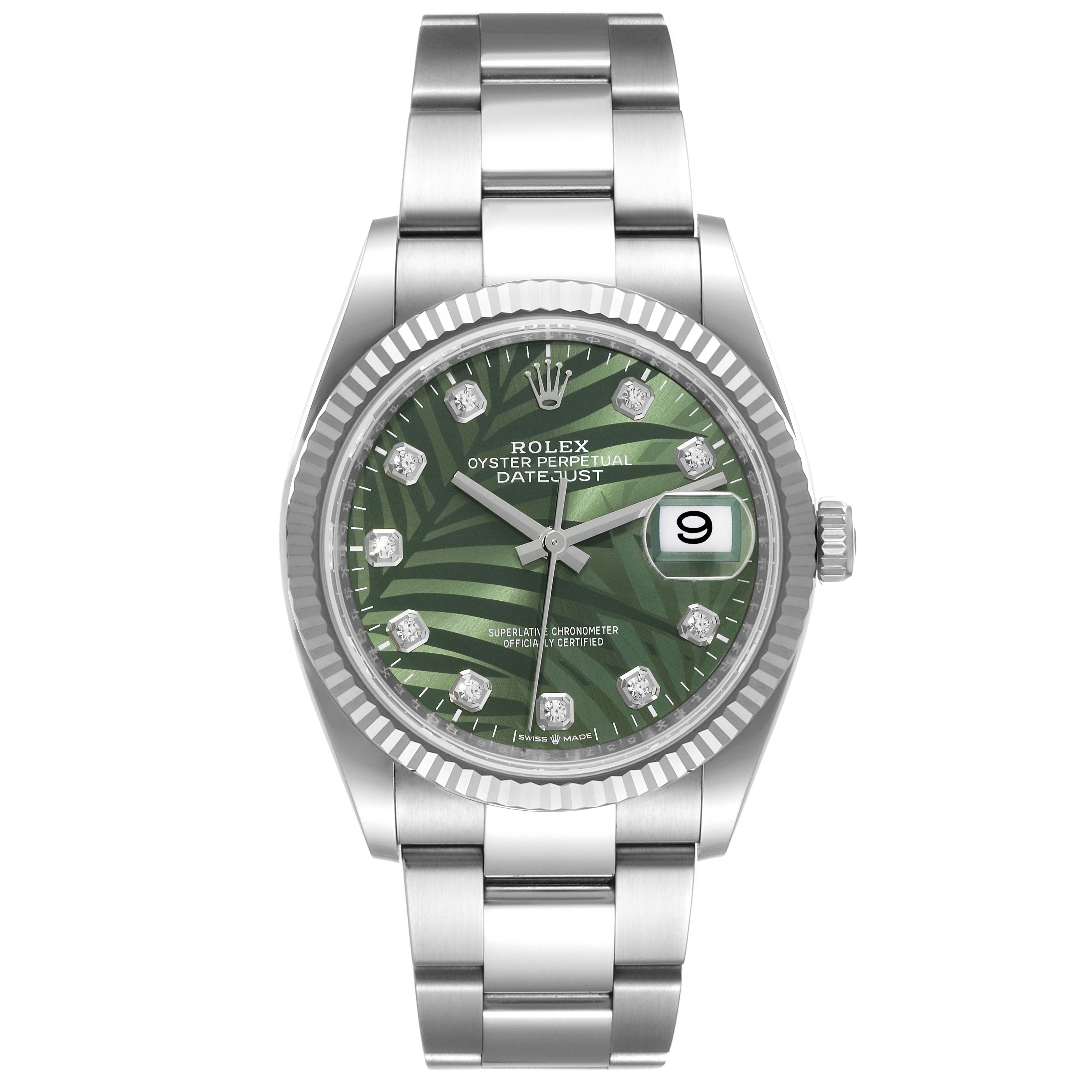 The image shows a Rolex Datejust 126234 Men's Stainless Steel Green Dial 126234 Men's Stainless Steel Green Dial watch with a green dial, diamond hour markers, and a silver bracelet, viewed from the front.