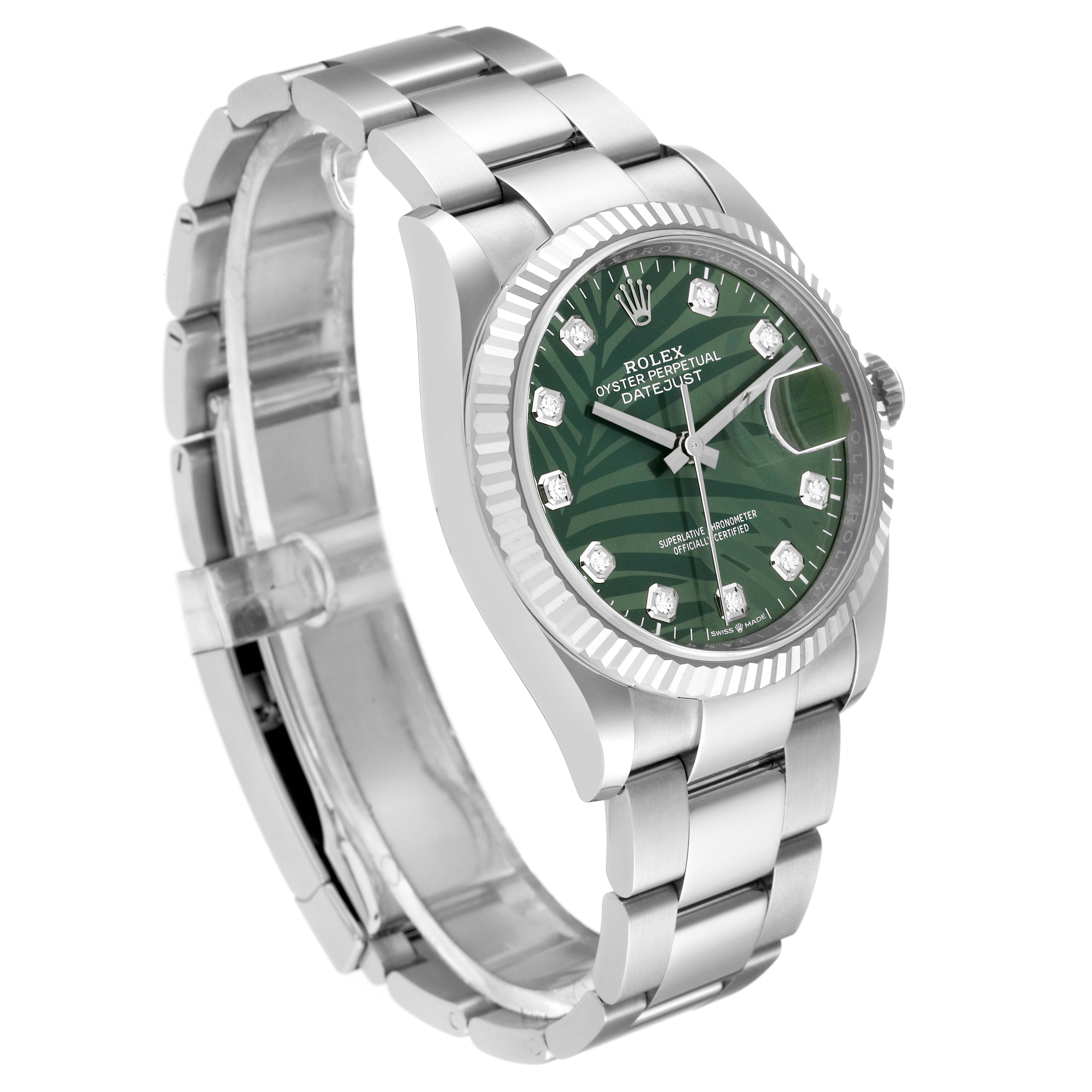 This image shows a Rolex Datejust 126234 Men's Stainless Steel Green Dial 126234 Men's Stainless Steel Green Dial watch at an angled view, displaying the bracelet, bezel, dial, and clasp.