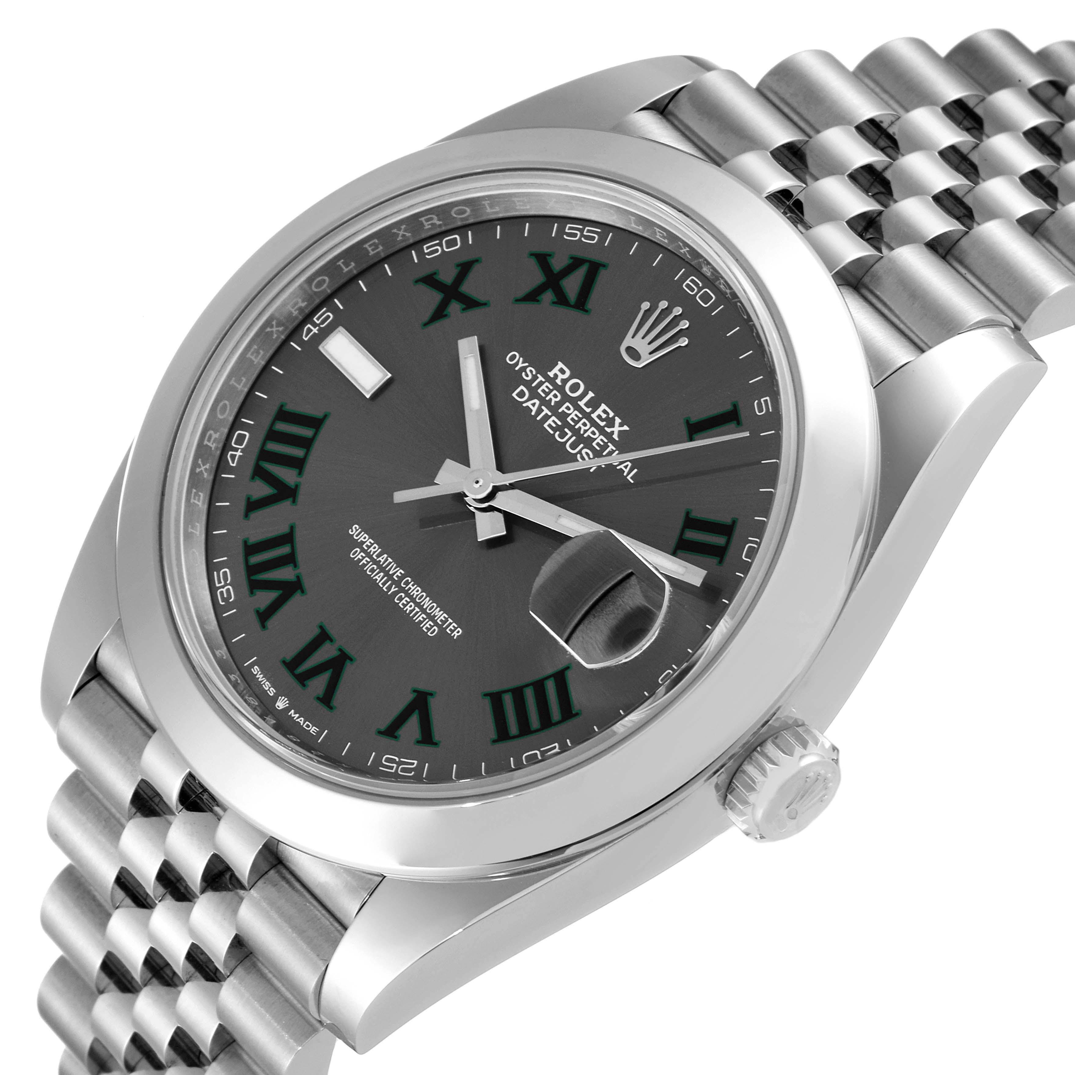 The image shows a close-up of the Rolex Datejust 41 126300 Men
s Stainless Steel Grey Dial 126300 Men
s Stainless Steel Grey Dial watch, highlighting its dial, bezel, and bracelet at an angled perspective.