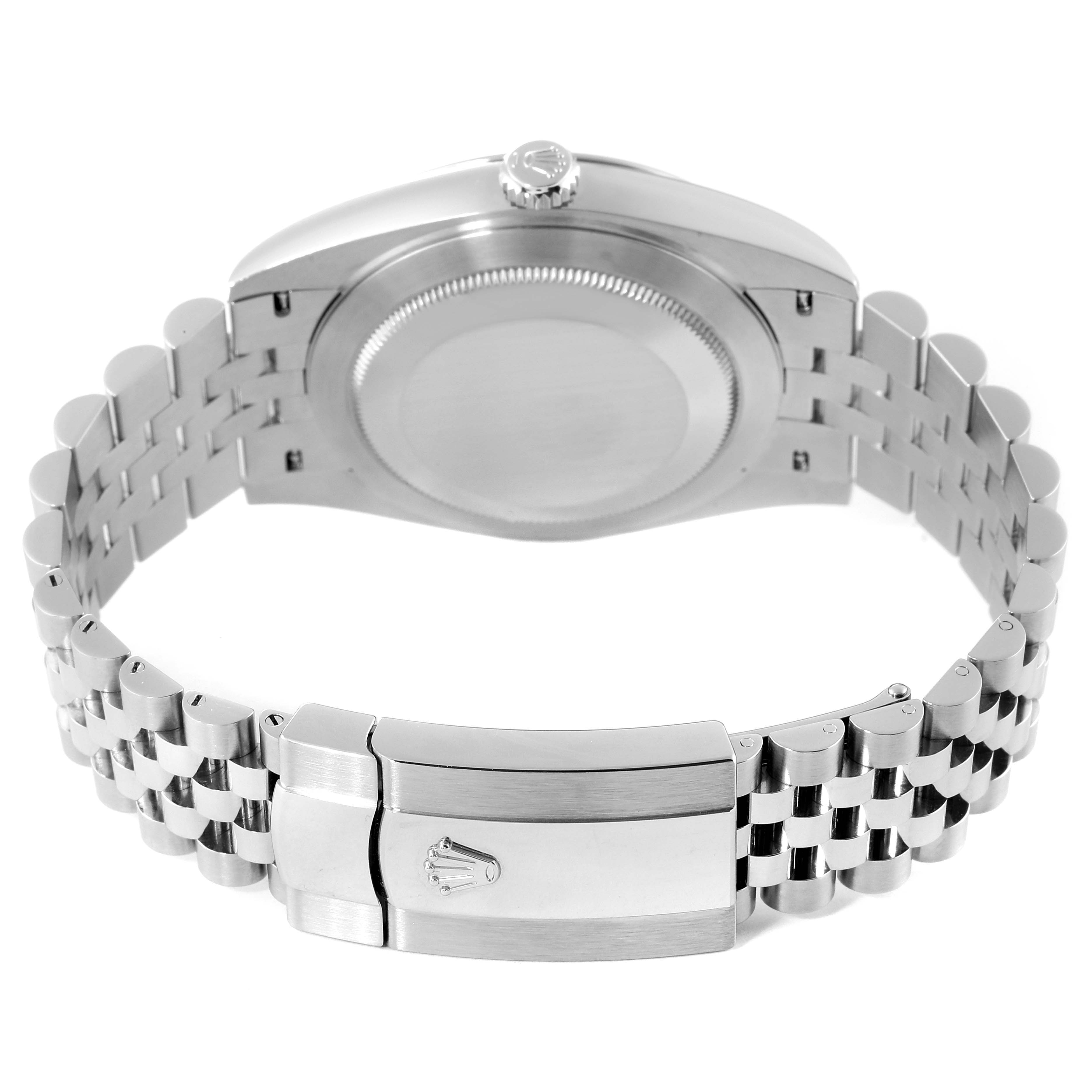 The image shows the back and clasp of a Rolex Datejust 41 126300 Men
s Stainless Steel Grey Dial 126300 Men
s Stainless Steel Grey Dial watch, highlighting the case back and bracelet.