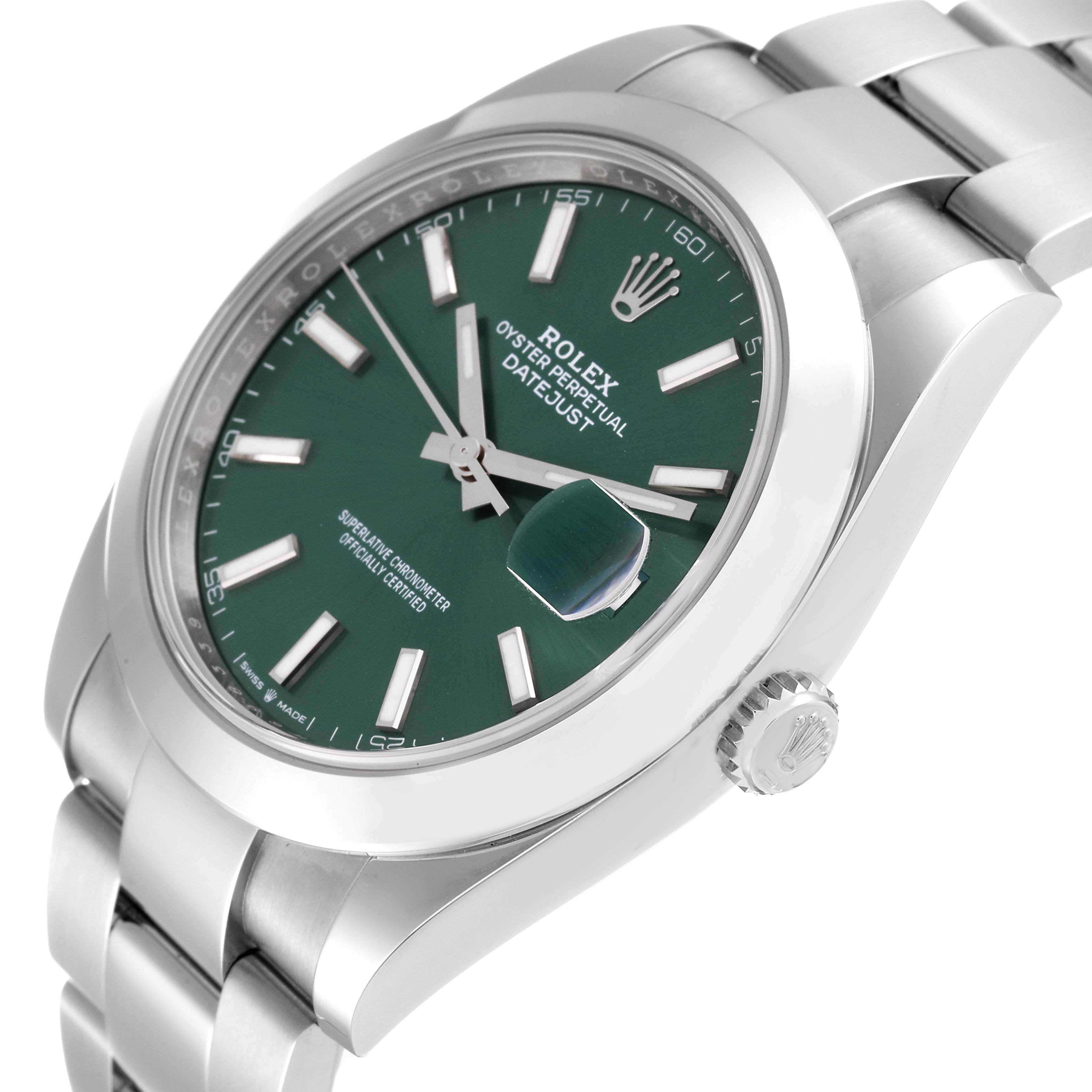 The Rolex Datejust 41 126300 Men
s Stainless Steel Green Dial 126300 Men
s Stainless Steel Green Dial watch is shown at an angled side view, displaying the face, bezel, bracelet, and crown.
