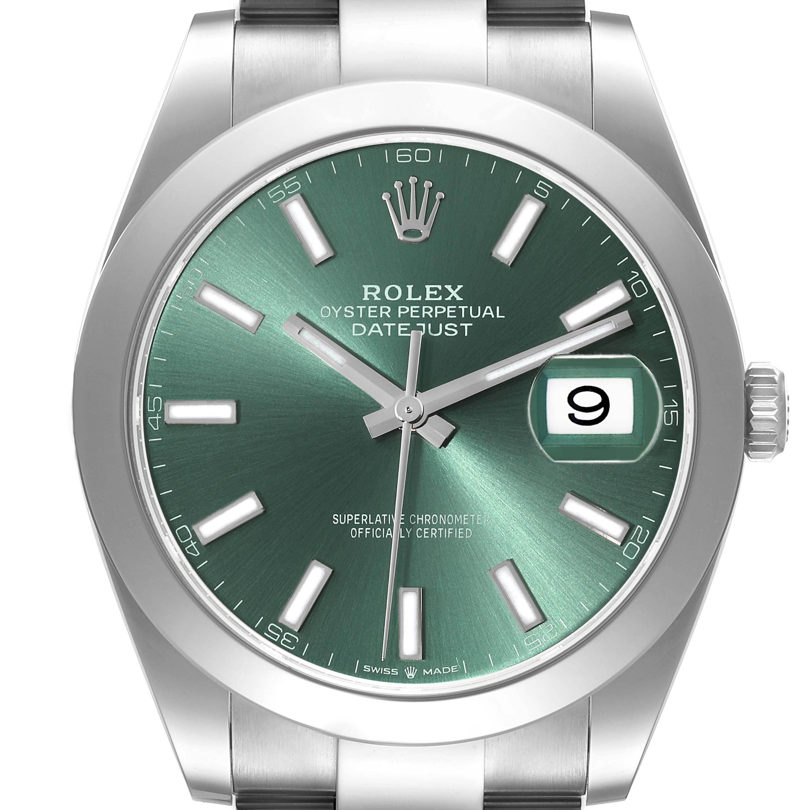 The image shows a front view of the Rolex Datejust 41 126300 Men
s Stainless Steel Green Dial 126300 Men
s Stainless Steel Green Dial with a green dial, date window, and stainless steel bracelet.