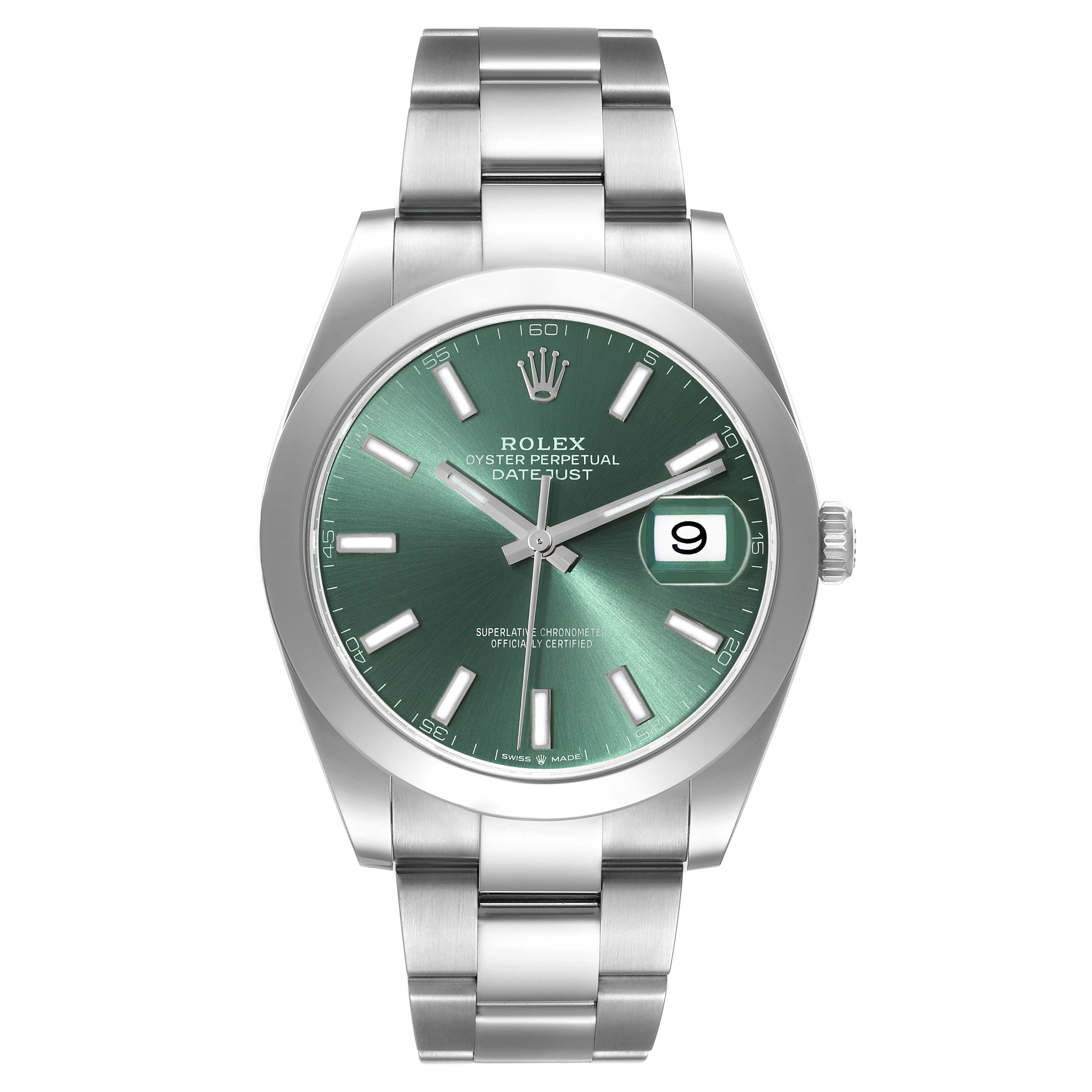 This image shows a front view of the Rolex Datejust 41 126300 Men
s Stainless Steel Green Dial 126300 Men
s Stainless Steel Green Dial model, displaying the dial, bracelet, and case.