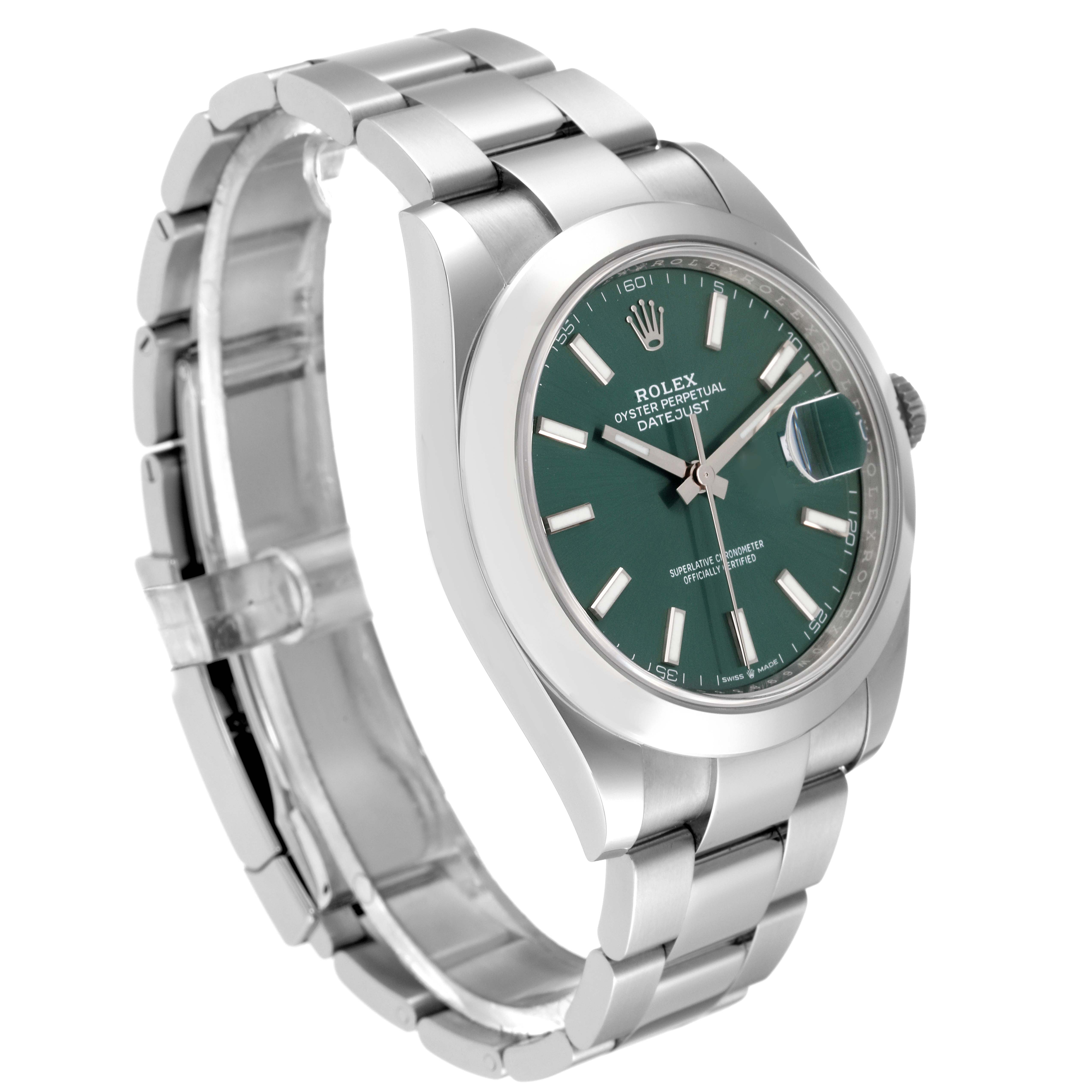 The image shows a Rolex Datejust 41 126300 Men
s Stainless Steel Green Dial 126300 Men
s Stainless Steel Green Dial watch at a three-quarter angle, highlighting the face, bezel, and bracelet.