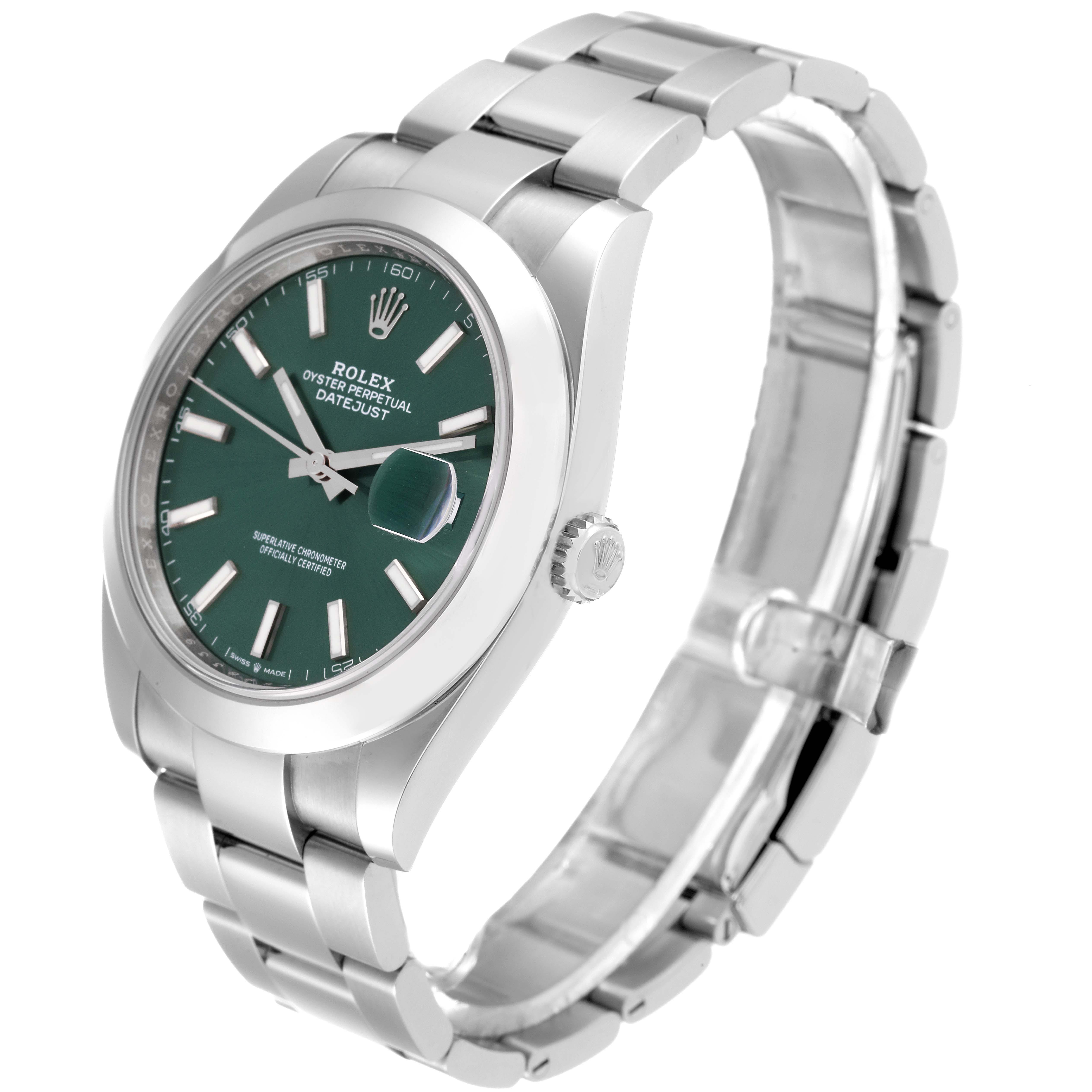 The Rolex Datejust 41 126300 Men
s Stainless Steel Green Dial 126300 Men
s Stainless Steel Green Dial watch is shown at an angle highlighting the dial, case, crown, and part of the bracelet.