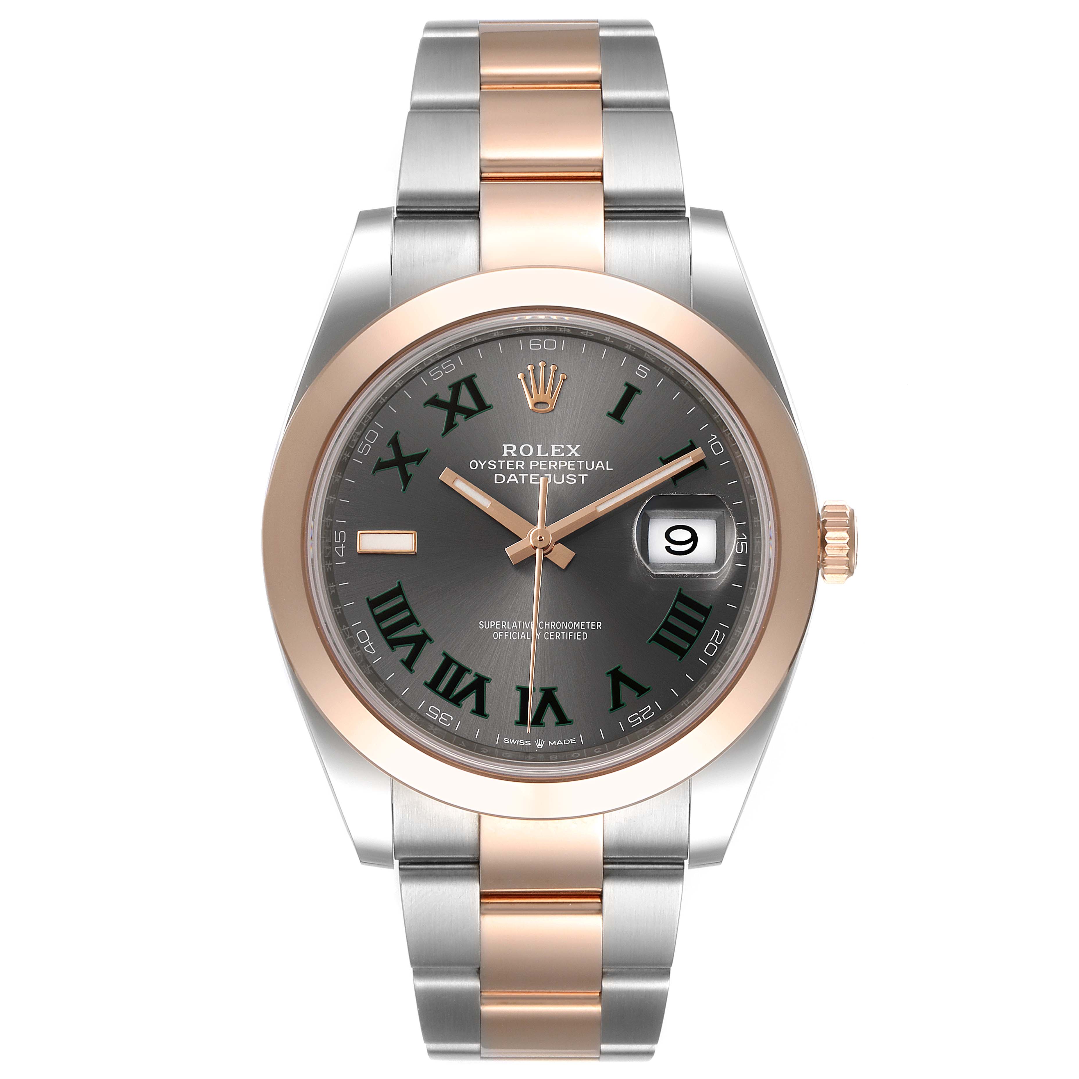 This image shows a front view of the Rolex Datejust 41 126301 Men's Steel and Gold (two tone) Grey Dial 126301 Men's Steel and Gold (two tone) Grey Dial watch, displaying its dial, case, bezel, crown, and bracelet.