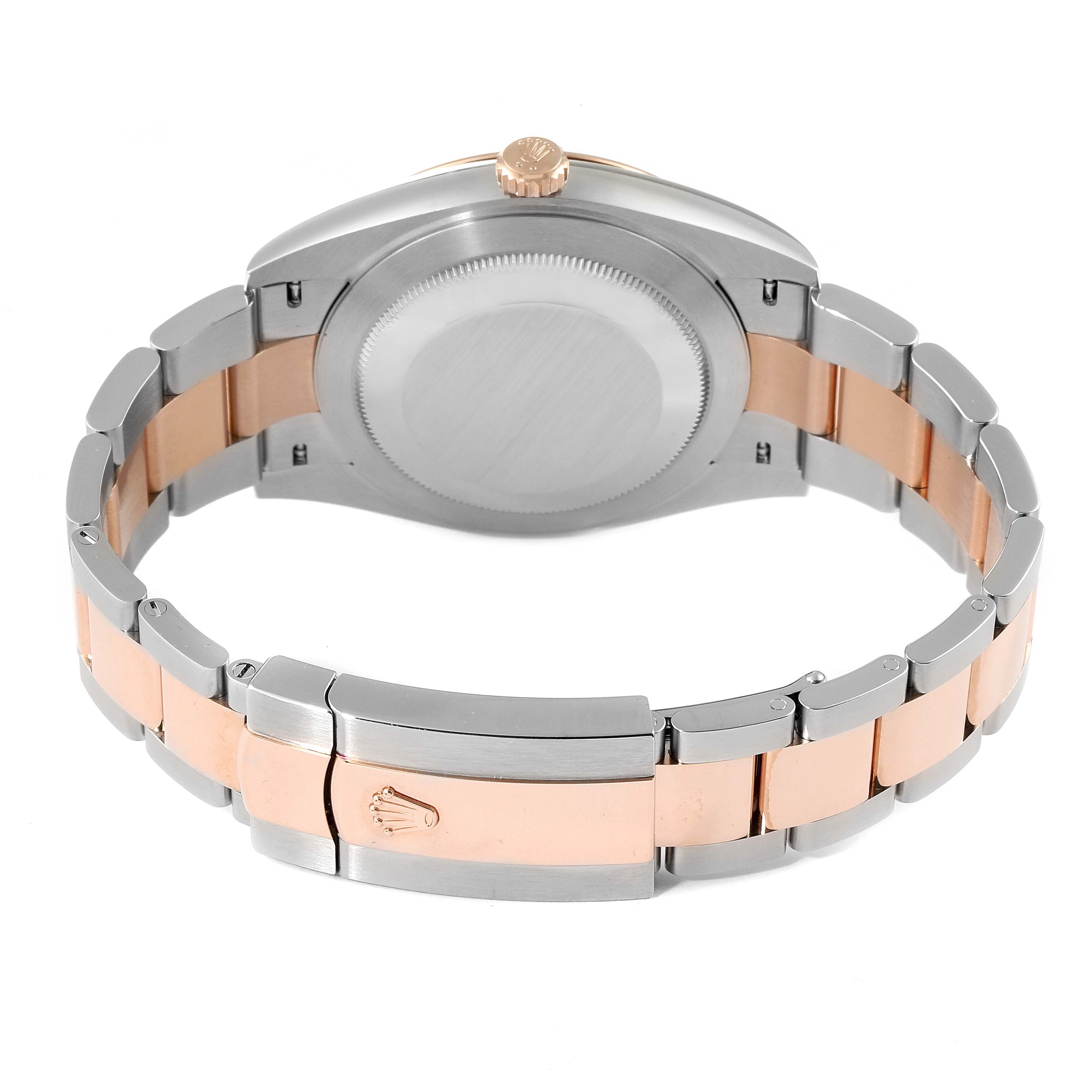 The image shows the back view of a Rolex Datejust 41 126301 Men's Steel and Gold (two tone) Grey Dial 126301 Men's Steel and Gold (two tone) Grey Dial watch, highlighting its bicolor bracelet and clasp.