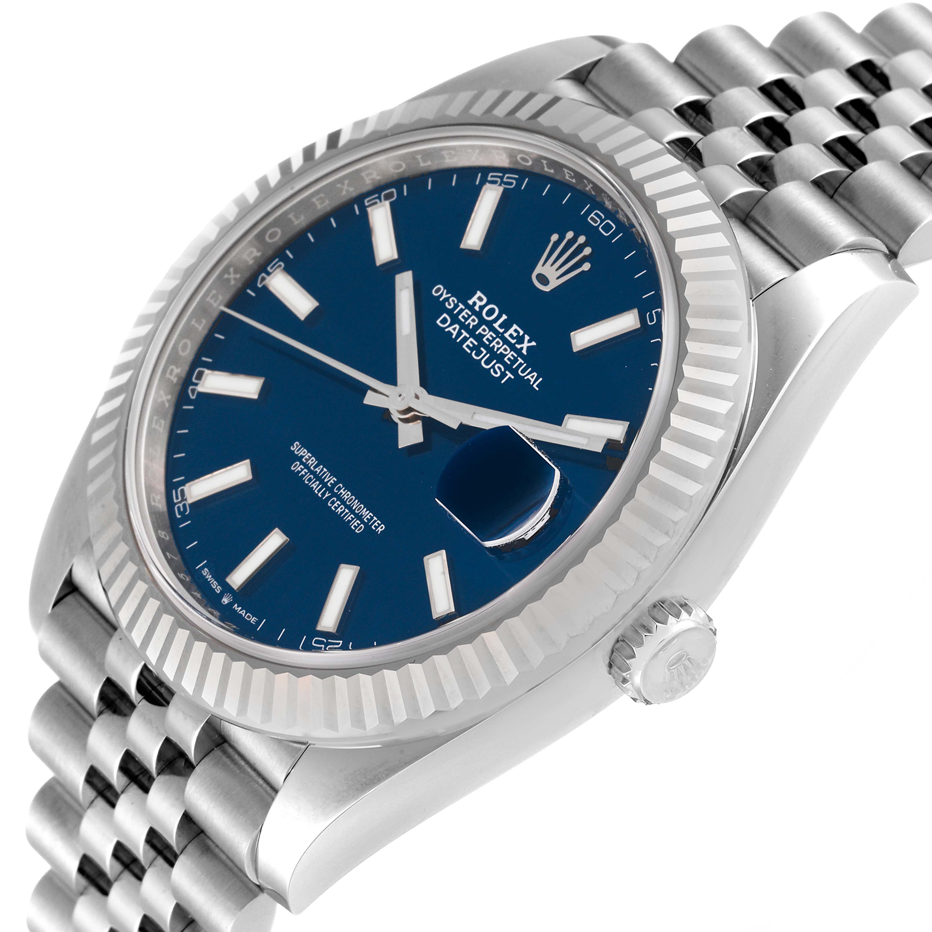 This image shows a Rolex Datejust 41 126334 Men's Stainless Steel Blue Dial 126334 Men's Stainless Steel Blue Dial model watch angled to display the blue dial, fluted bezel, crown, and Jubilee bracelet.
