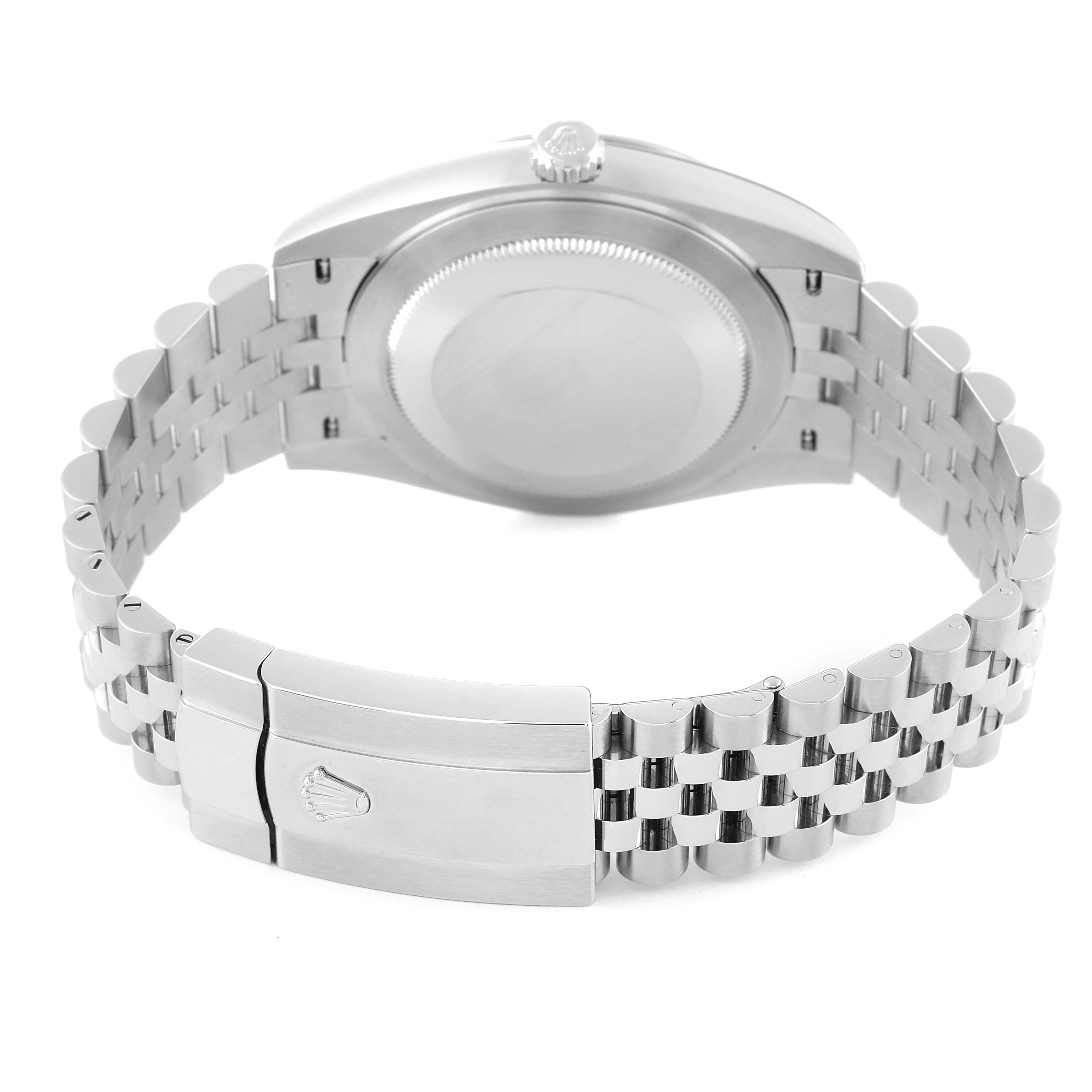 The image shows the back view of the Rolex Datejust 41 126334 Men's Stainless Steel Blue Dial 126334 Men's Stainless Steel Blue Dial watch, featuring its clasp and Jubilee bracelet.