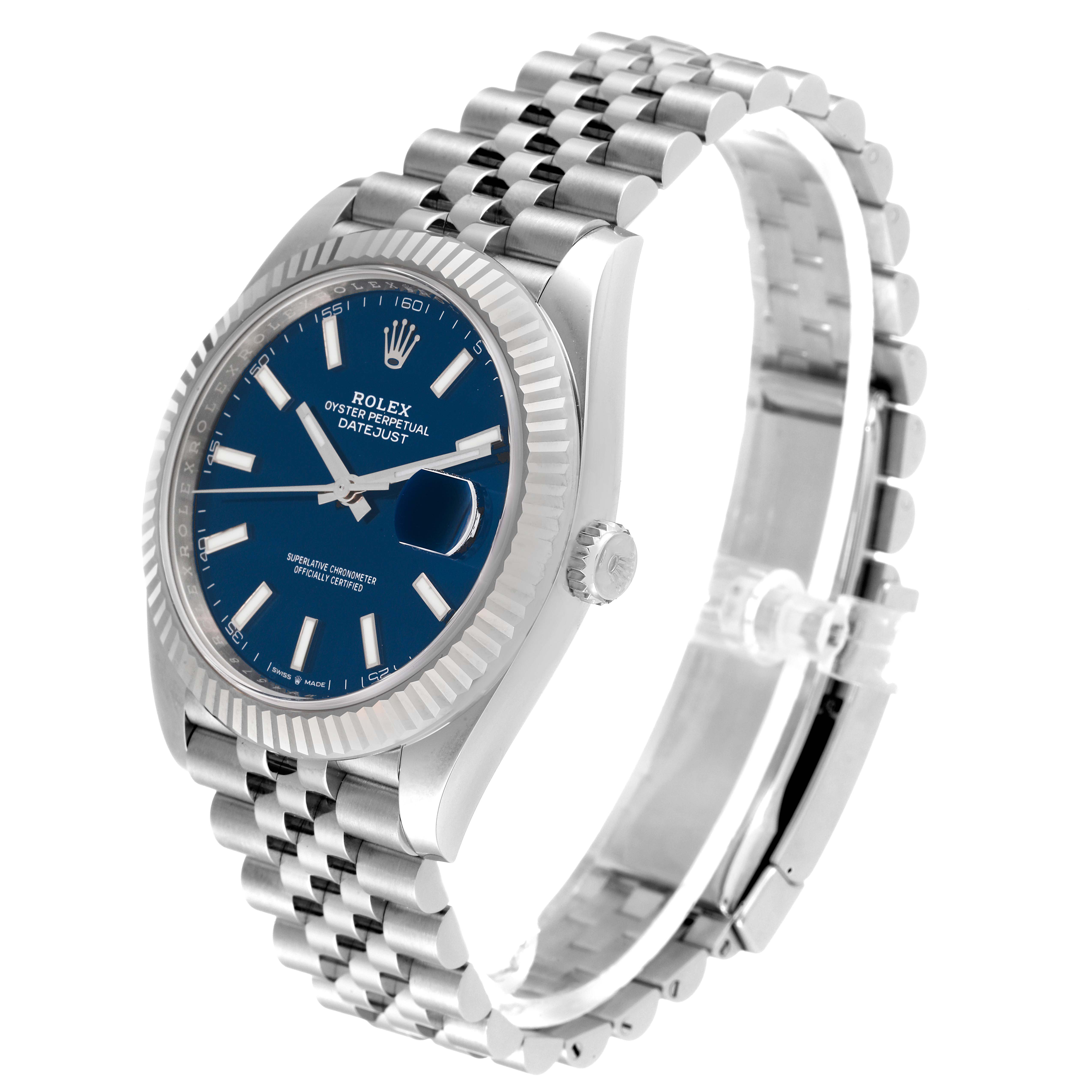This image shows a Rolex Datejust 41 126334 Men's Stainless Steel Blue Dial 126334 Men's Stainless Steel Blue Dial watch at an angled view, highlighting the blue dial, Jubilee bracelet, and fluted bezel.