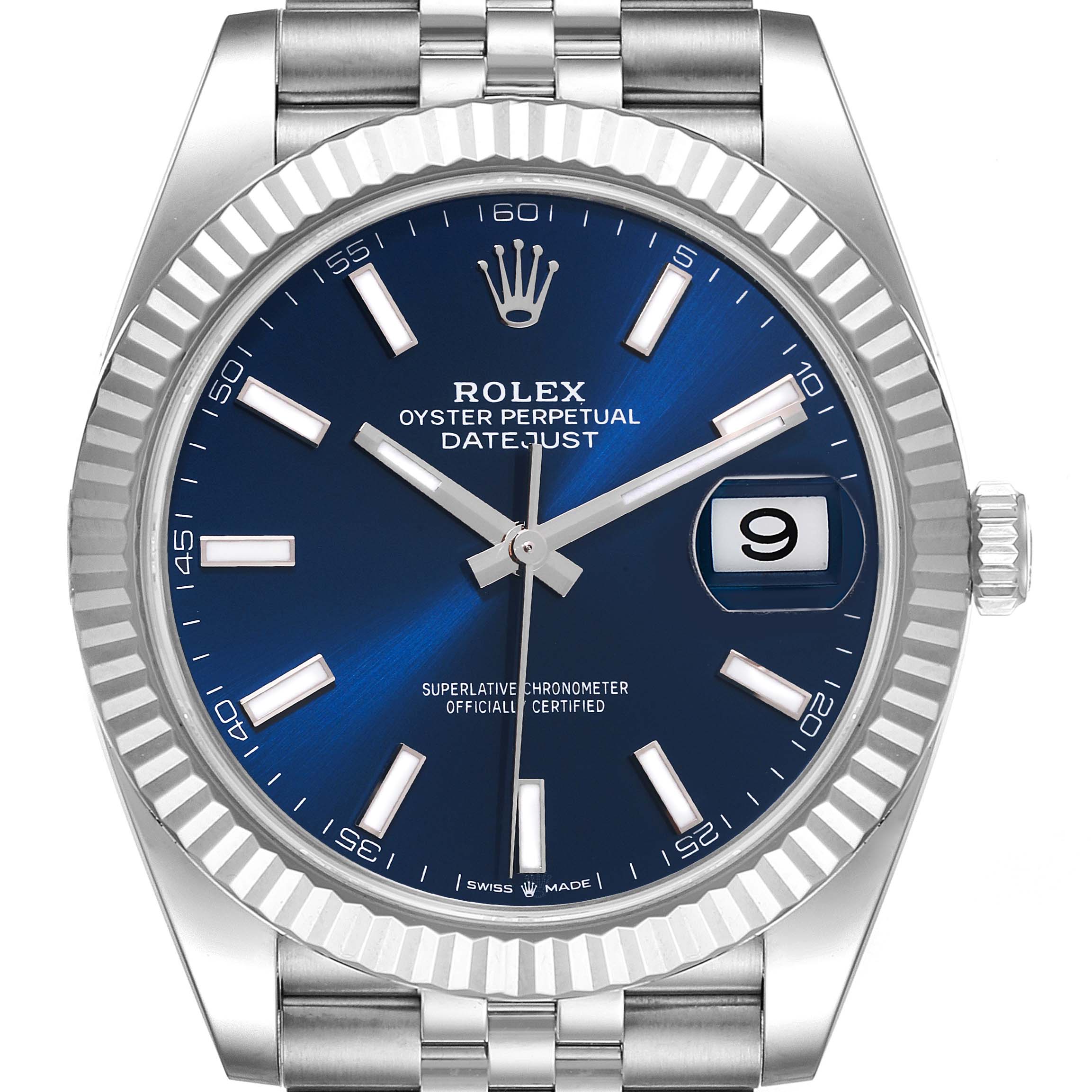 The Rolex Datejust 41 126334 Men's Stainless Steel Blue Dial 126334 Men's Stainless Steel Blue Dial watch is shown from a frontal angle, displaying its blue dial, date window, fluted bezel, and jubilee bracelet.
