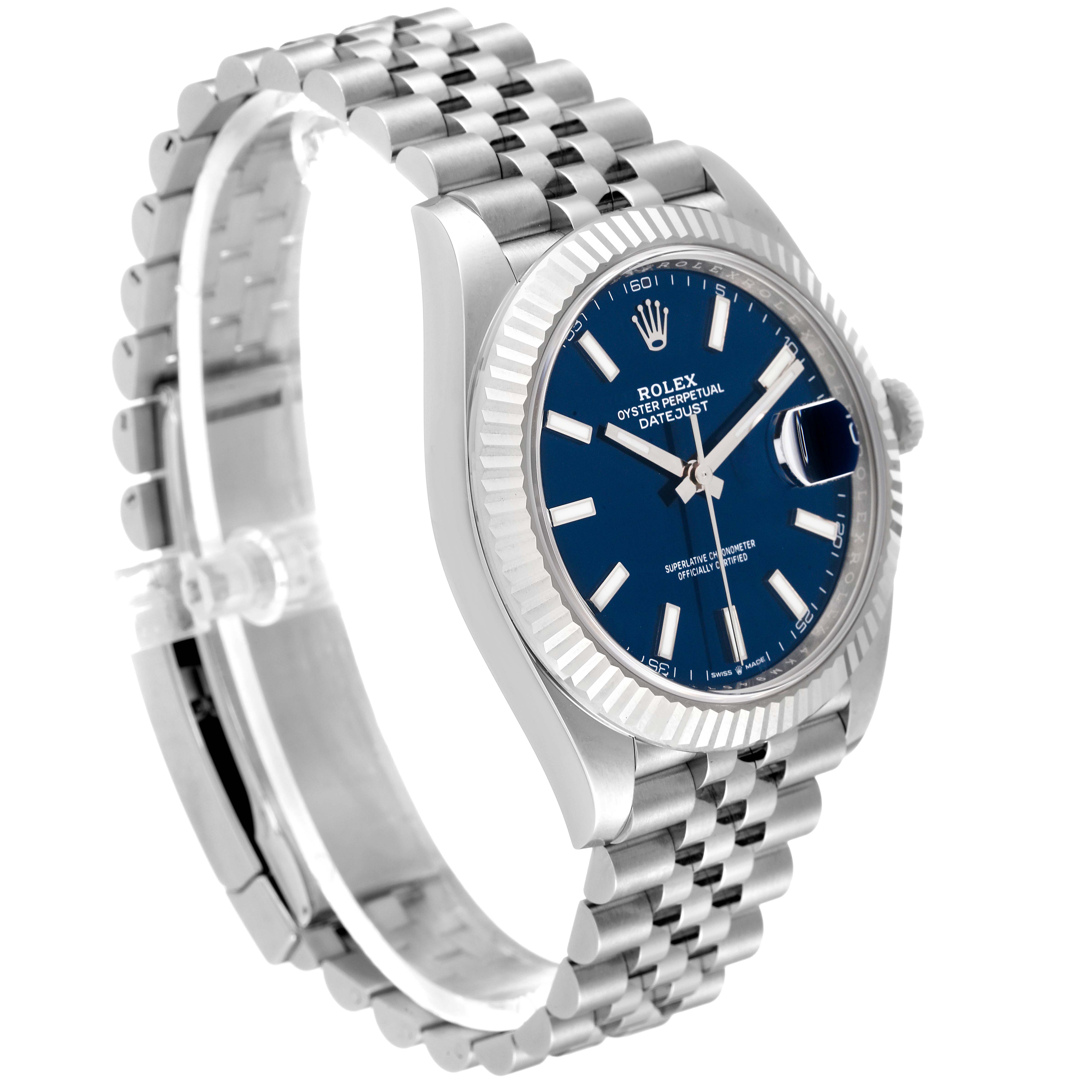 The image shows a Rolex Datejust 41 126334 Men's Stainless Steel Blue Dial 126334 Men's Stainless Steel Blue Dial watch at a three-quarter angle, highlighting the bracelet, bezel, and face.