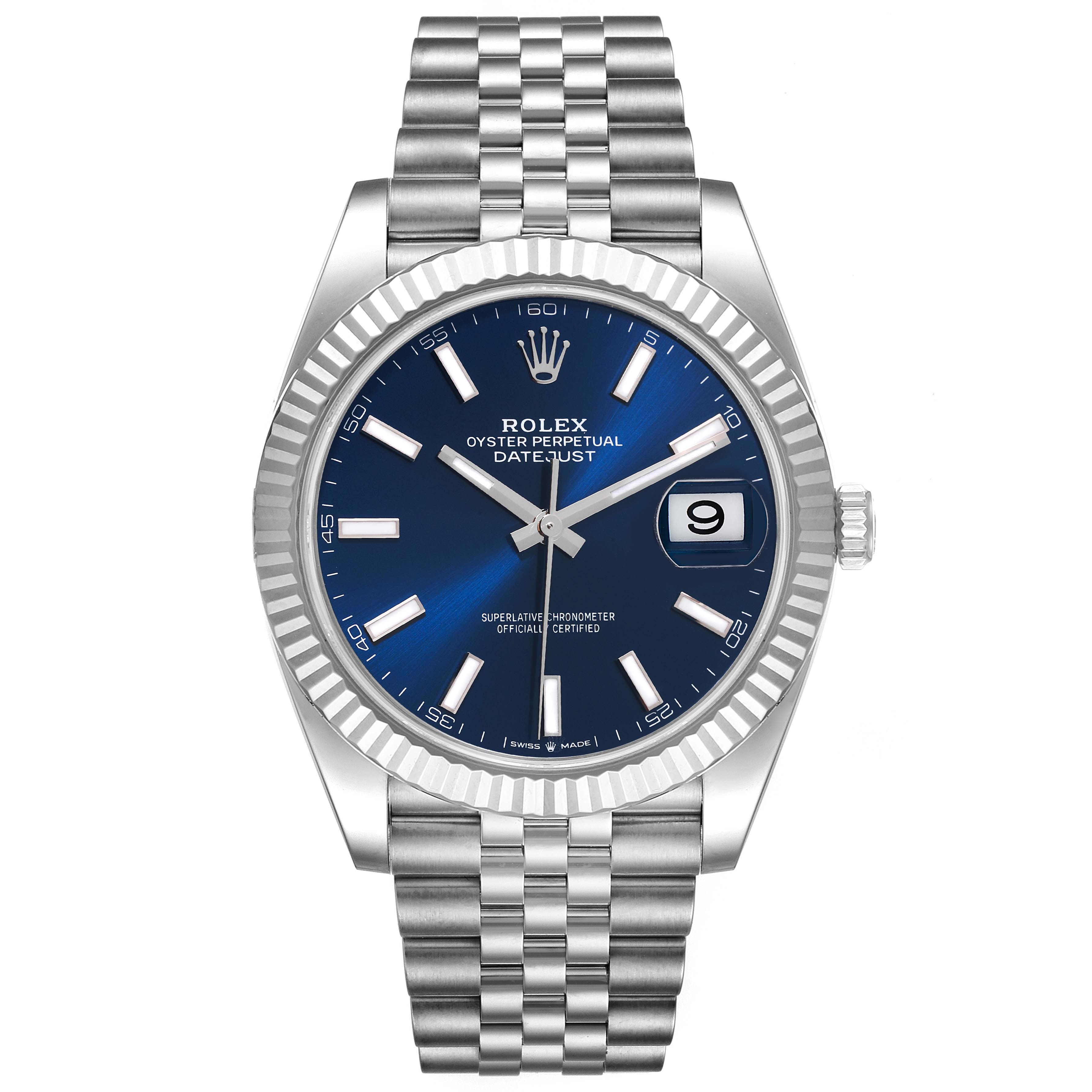 This image shows a frontal view of the Rolex Datejust 41 126334 Men's Stainless Steel Blue Dial 126334 Men's Stainless Steel Blue Dial watch with a blue dial, fluted bezel, and jubilee bracelet.