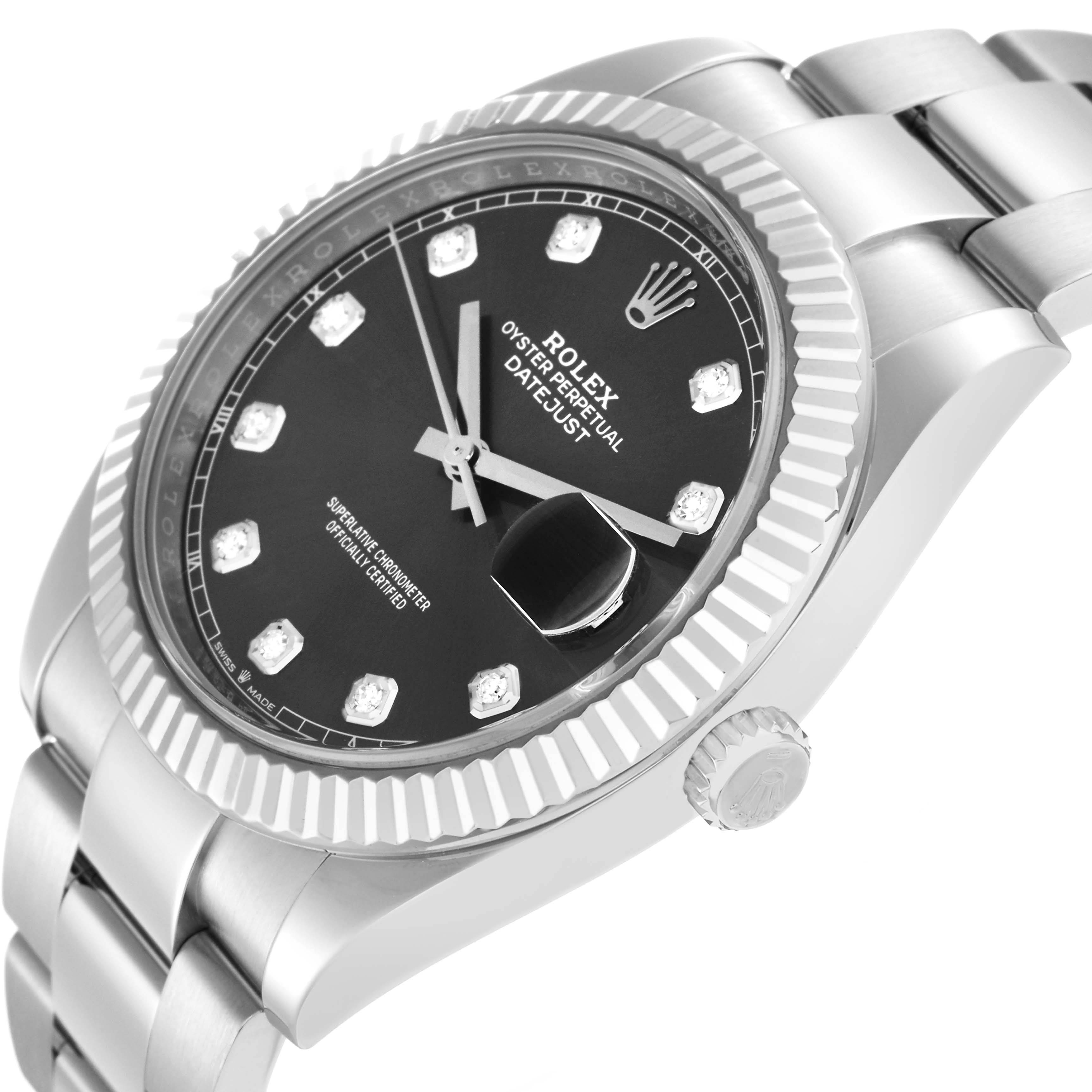 The Rolex Datejust 41 126334 Men
s Stainless Steel Grey Dial 126334 Men
s Stainless Steel Grey Dial is shown at an angle highlighting the dial, fluted bezel, and a section of the bracelet.