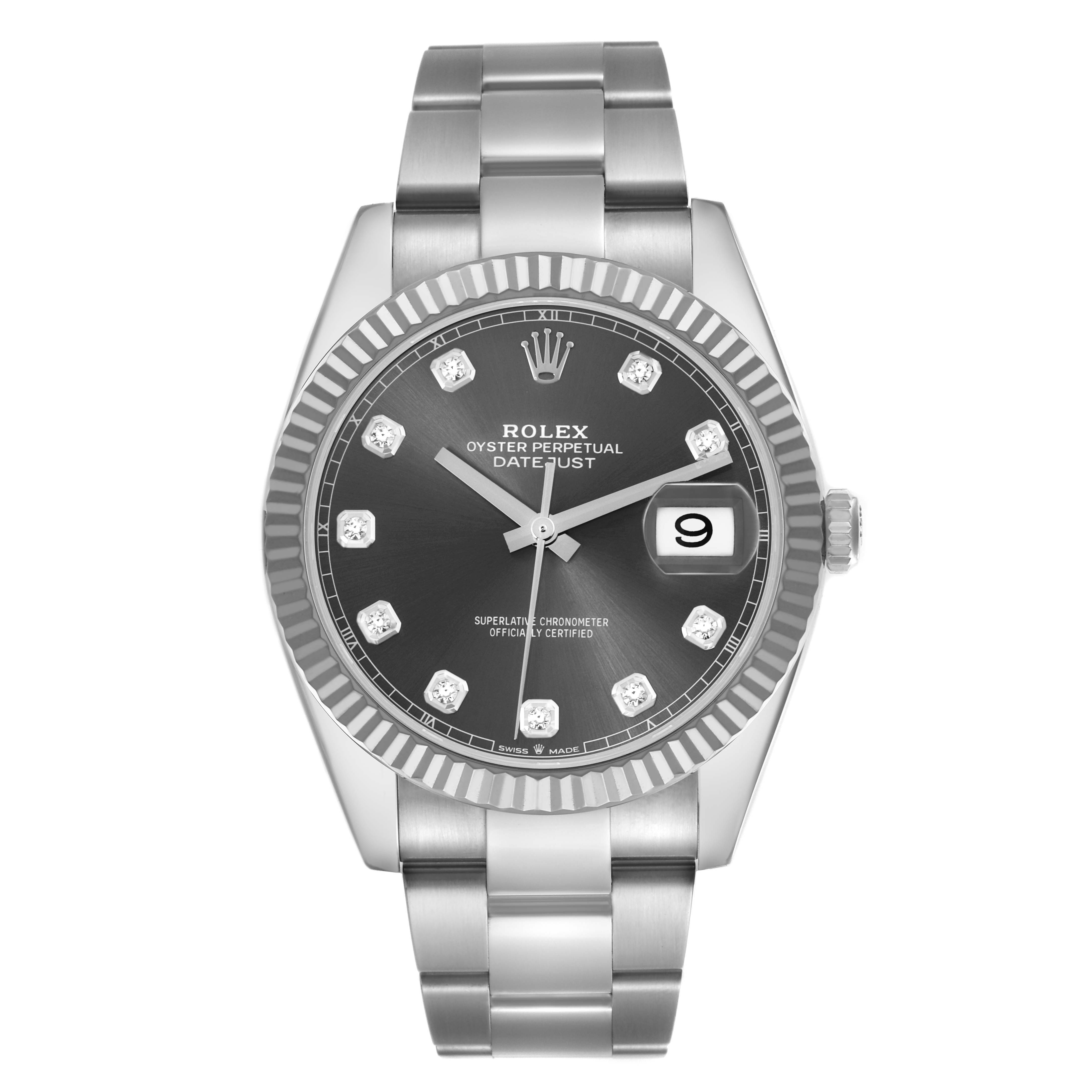 The Rolex Datejust 41 126334 Men
s Stainless Steel Grey Dial 126334 Men
s Stainless Steel Grey Dial is shown from a front angle, displaying the dial, bezel, crown, and bracelet.