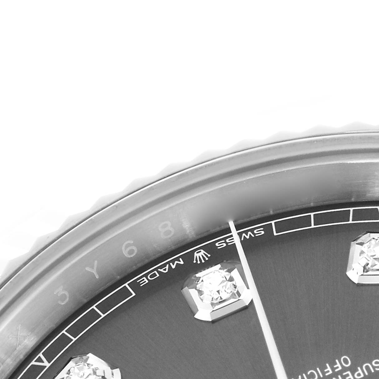 The image shows a close-up of the watch dial and bezel of a Rolex Datejust 41 126334 Men
s Stainless Steel Grey Dial 126334 Men
s Stainless Steel Grey Dial, highlighting the hour markers and "SWISS MADE" text.
