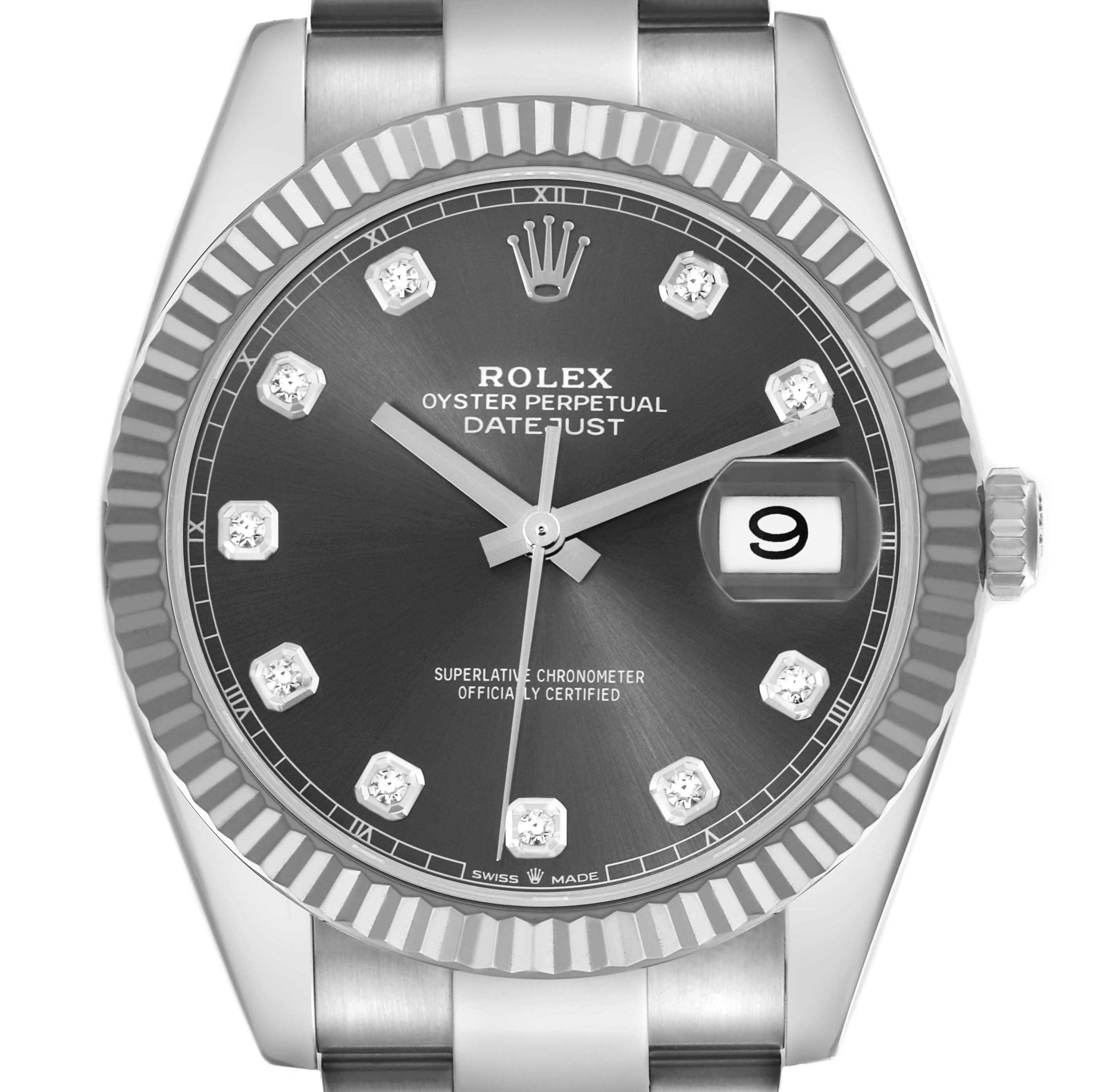 The Rolex Datejust 41 126334 Men
s Stainless Steel Grey Dial 126334 Men
s Stainless Steel Grey Dial is shown from a front angle, highlighting the dial, hour markers, and fluted bezel.