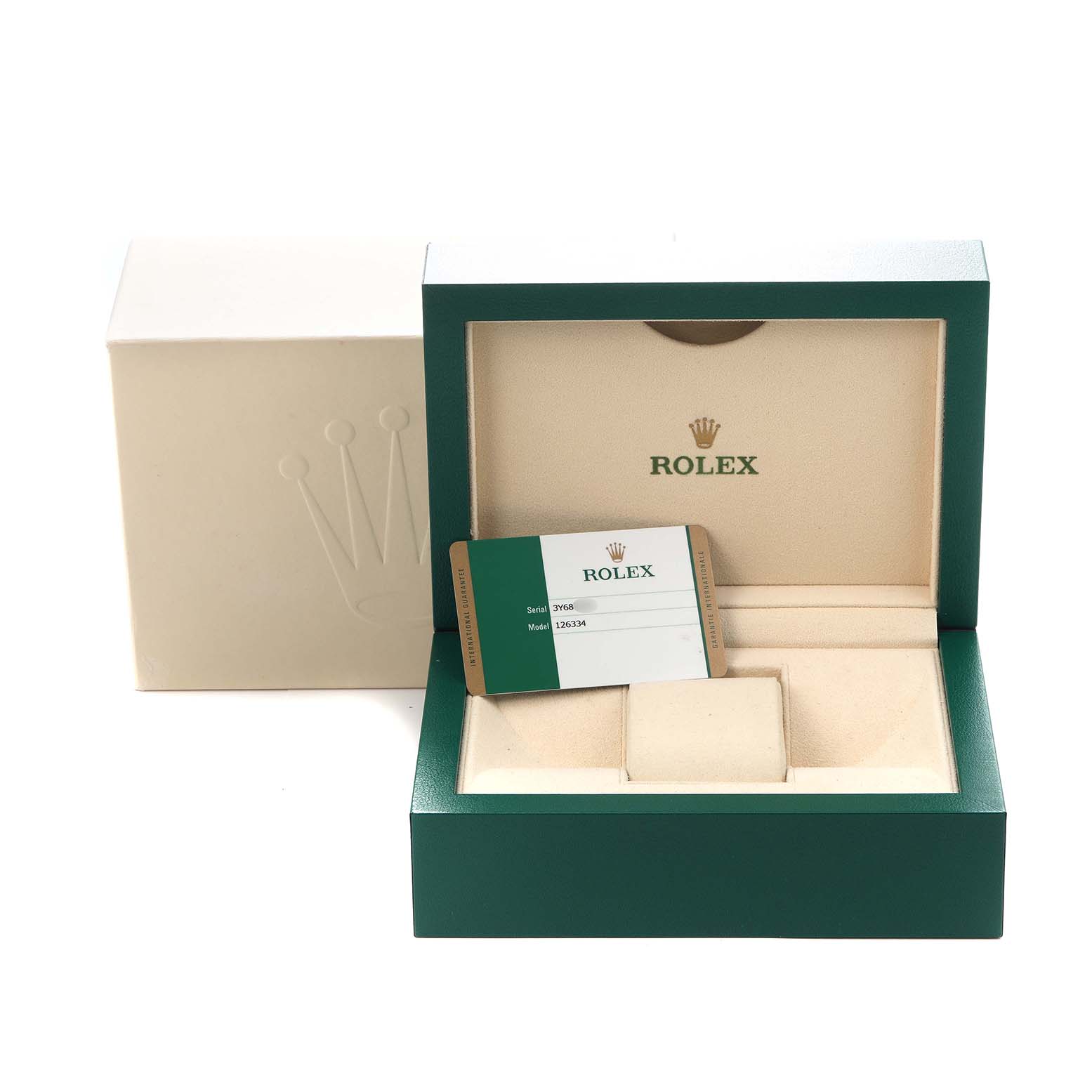 The image shows a Rolex Datejust 41 126334 Men
s Stainless Steel Grey Dial 126334 Men
s Stainless Steel Grey Dial watch box, open, with the warranty card displayed.