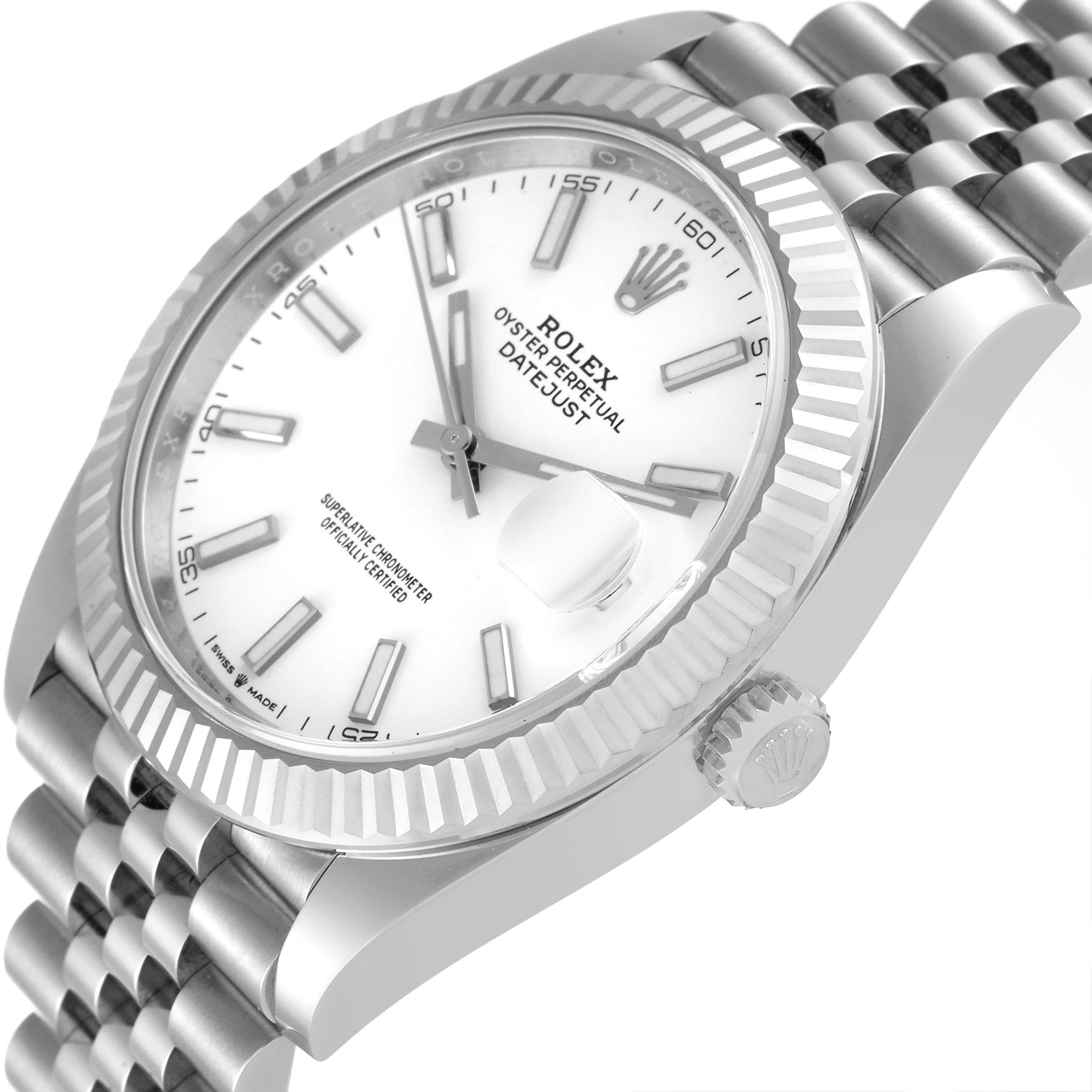 The image shows a front and side view of the Rolex Datejust 41 126334 Men's Stainless Steel White Dial 126334 Men's Stainless Steel White Dial watch, highlighting the dial, bezel, crown, and part of the bracelet.