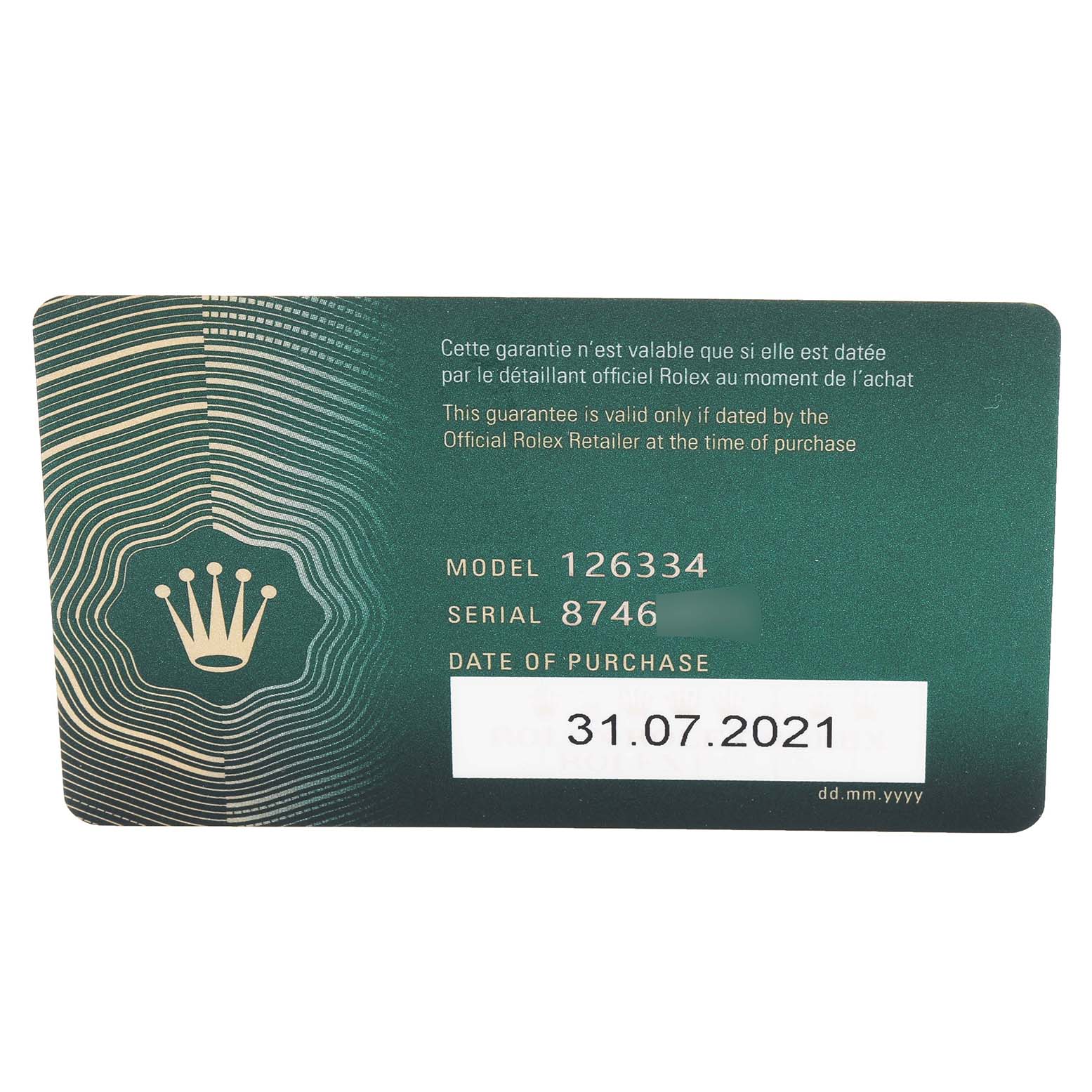 This image shows the warranty card for a Rolex Datejust 41 126334 Men's Stainless Steel White Dial 126334 Men's Stainless Steel White Dial model 126334 with the purchase date of 31.07.2021.
