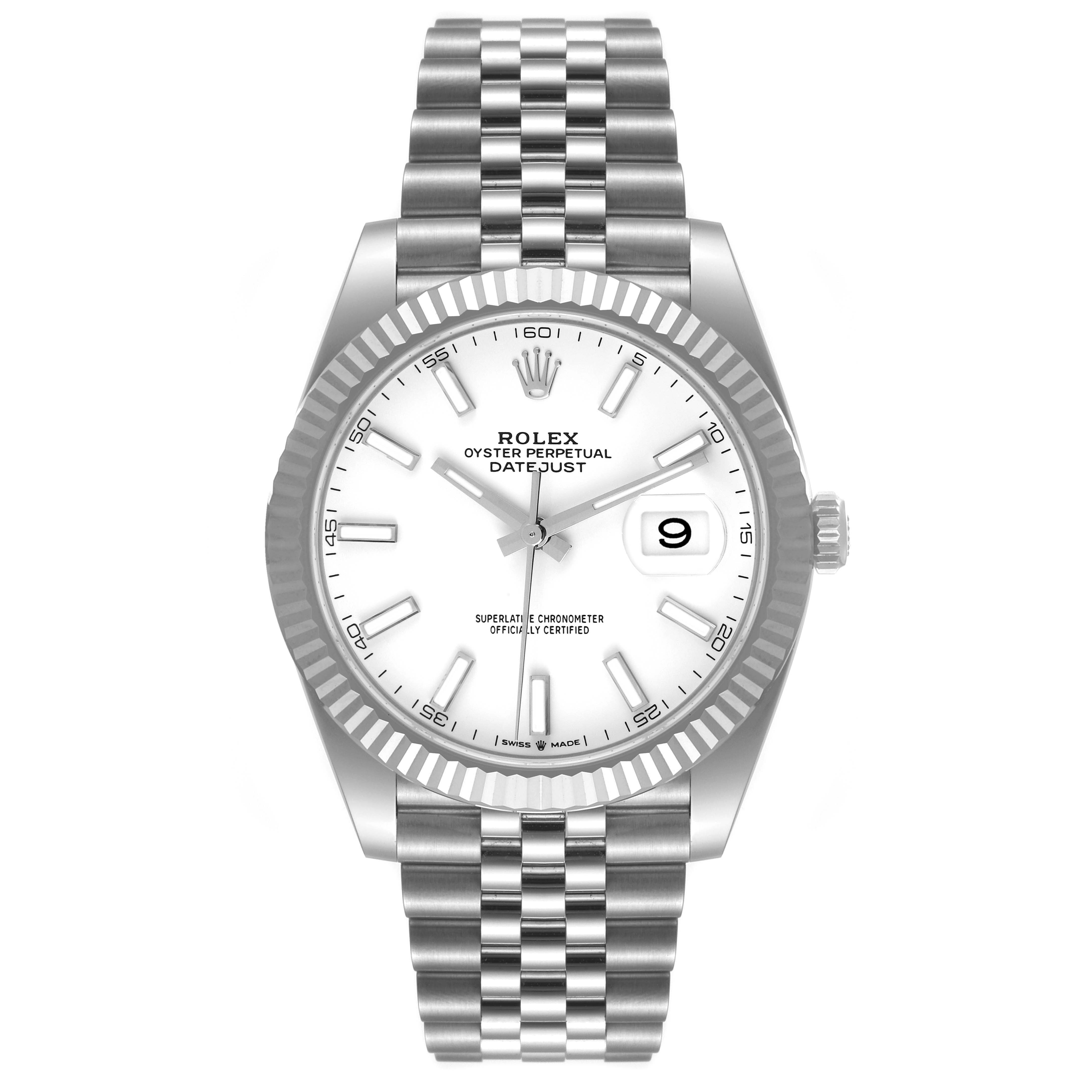 The image shows a front view of a Rolex Datejust 41 126334 Men's Stainless Steel White Dial 126334 Men's Stainless Steel White Dial watch, displaying its face, bezel, and bracelet.