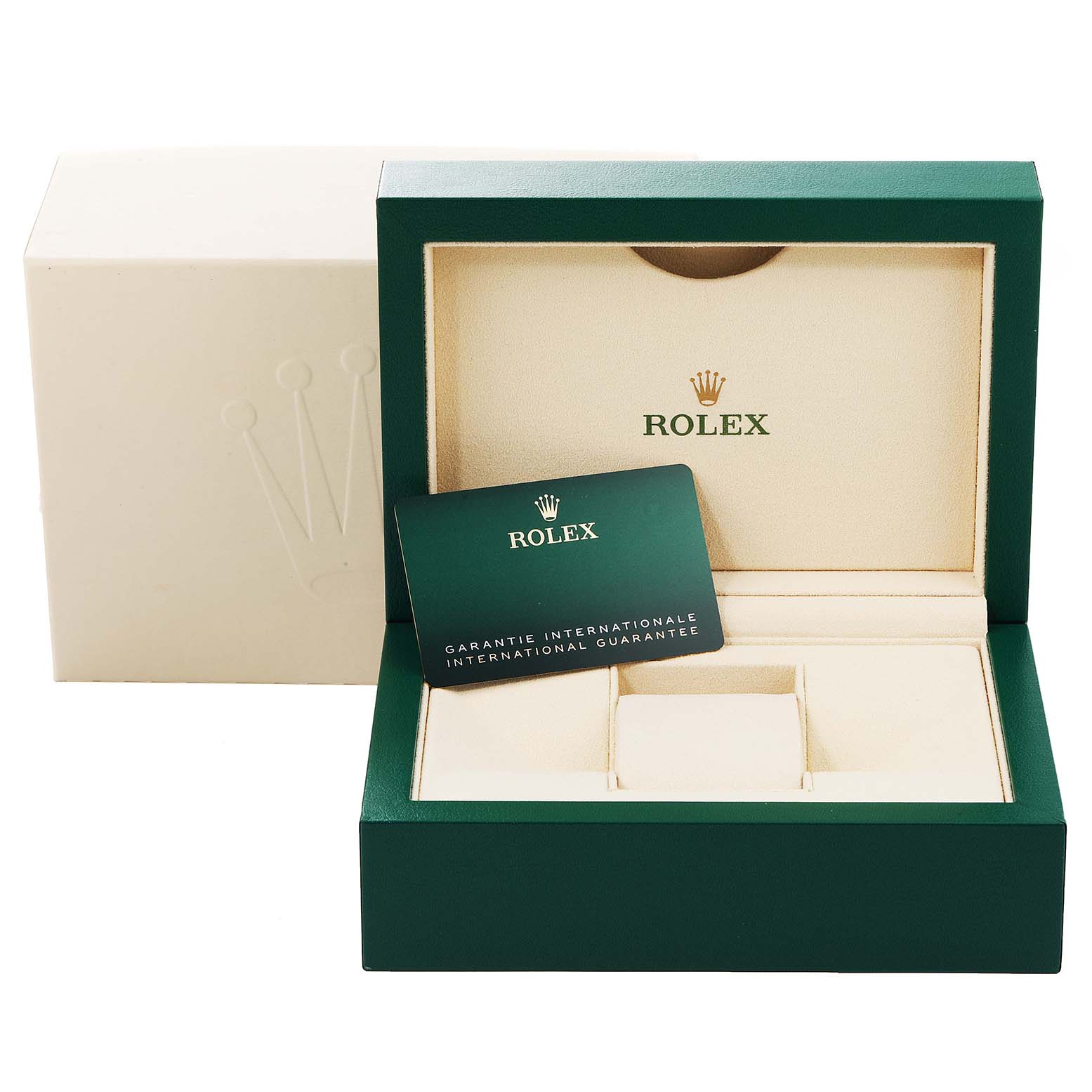The image shows the open box and international guarantee card for a Rolex Datejust 41 126334 Men's Stainless Steel White Dial 126334 Men's Stainless Steel White Dial watch.