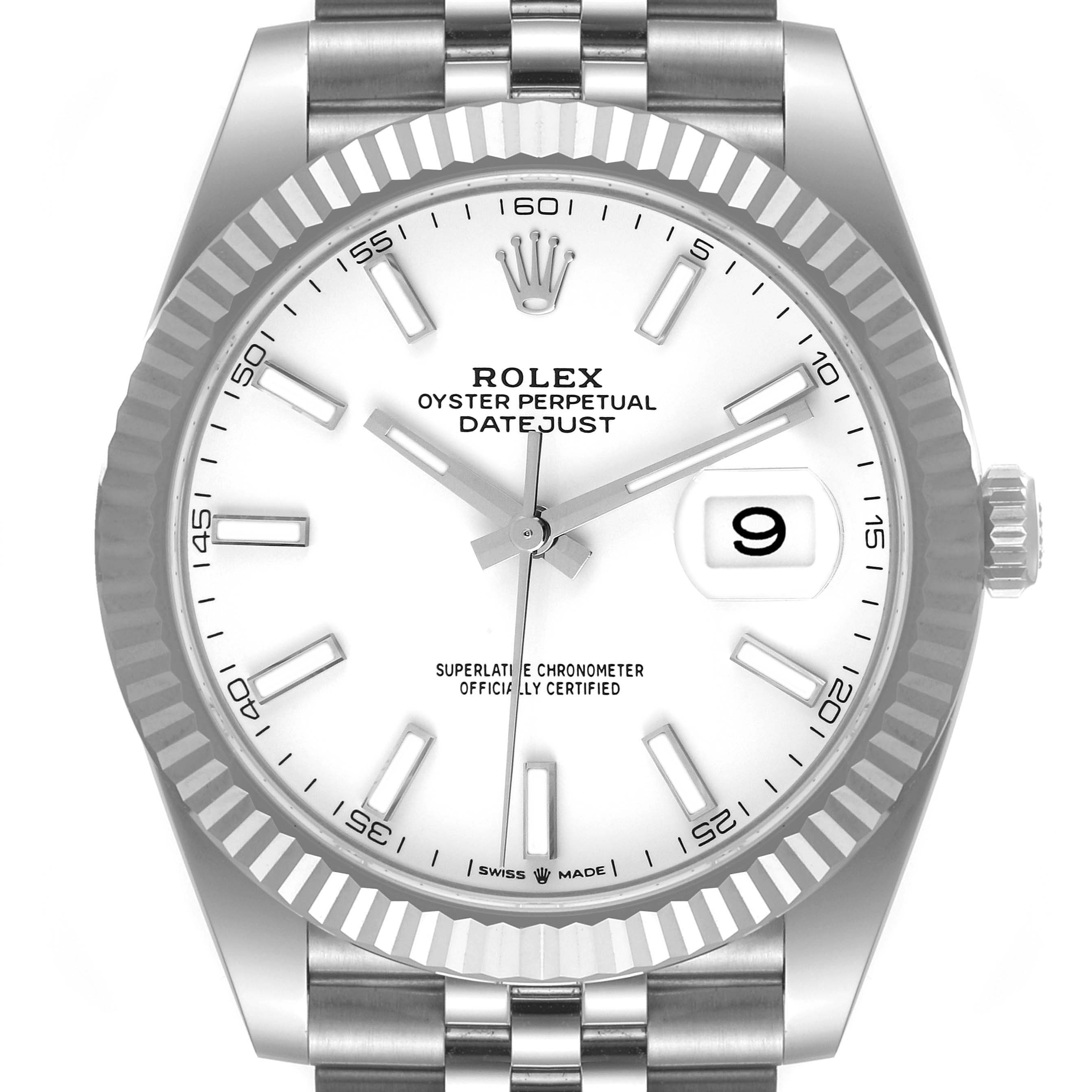 The Rolex Datejust 41 126334 Men's Stainless Steel White Dial 126334 Men's Stainless Steel White Dial watch is shown from the front, displaying the dial, bezel, crown, and part of the bracelet.