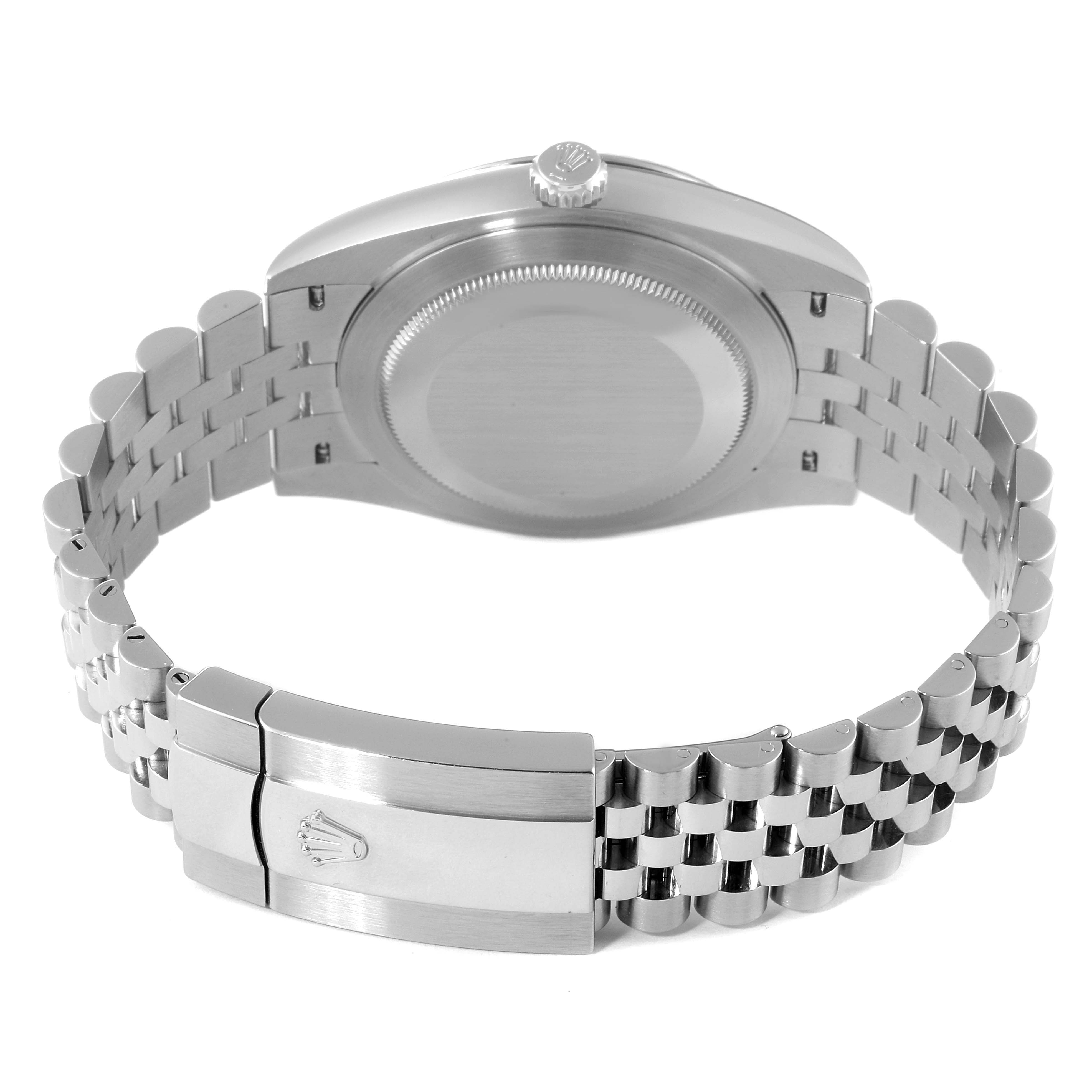 This Rolex Datejust 41 126334 Men's Stainless Steel White Dial 126334 Men's Stainless Steel White Dial watch is shown from the back, highlighting the case, crown, and Jubilee bracelet with clasp.