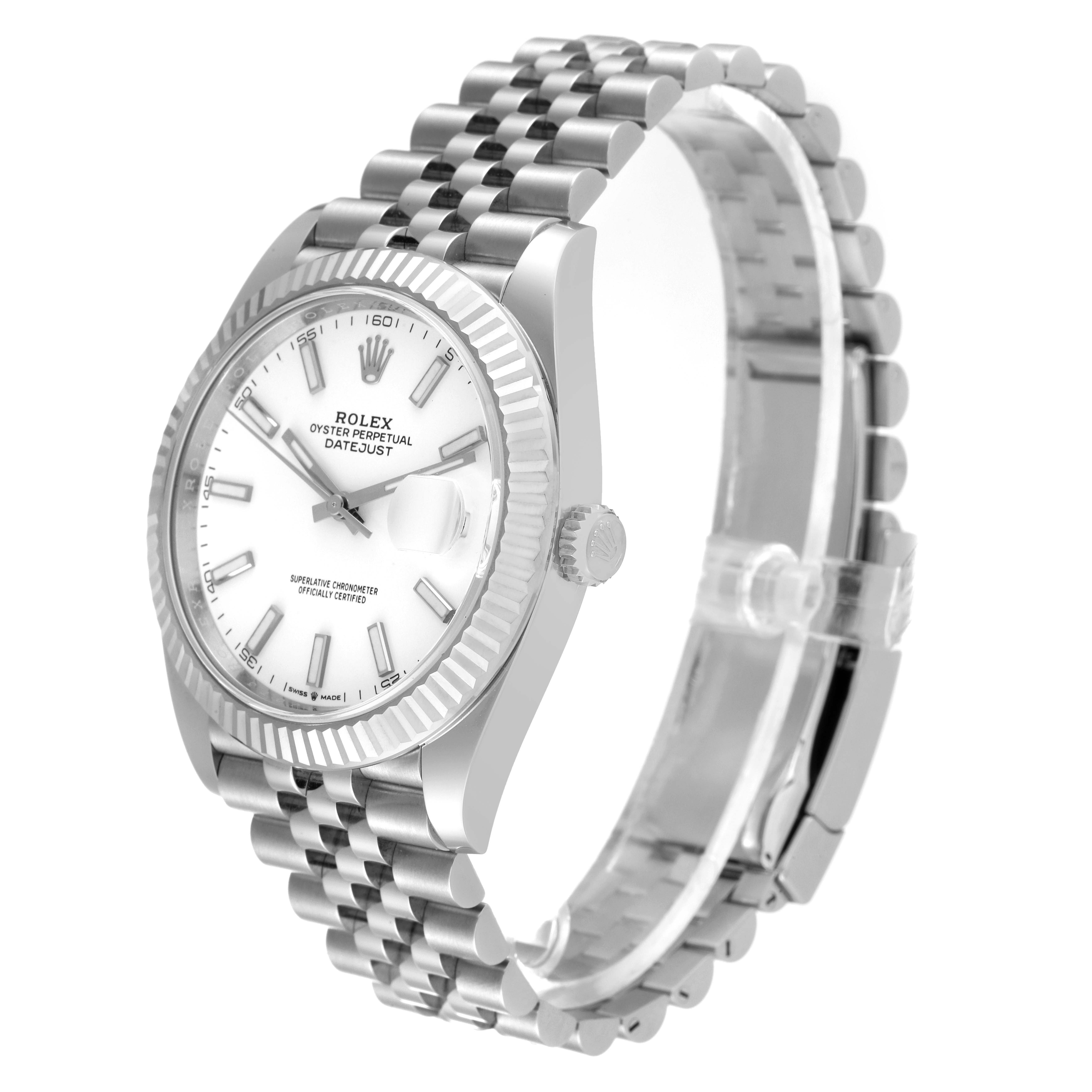 This image shows the Rolex Datejust 41 126334 Men's Stainless Steel White Dial 126334 Men's Stainless Steel White Dial watch from a three-quarter angle, highlighting its face, fluted bezel, and Jubilee bracelet.