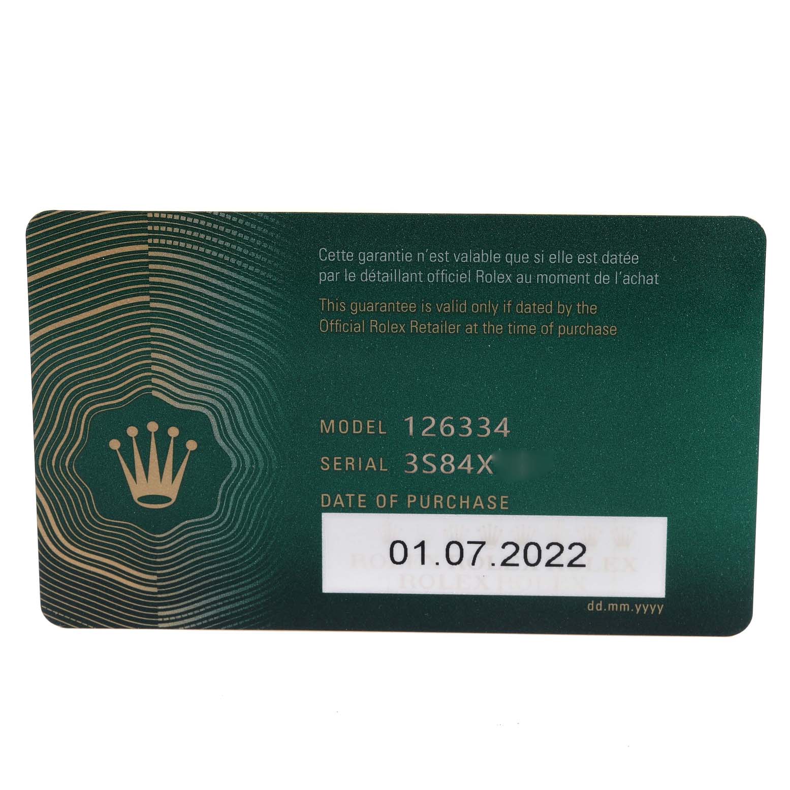This image shows a warranty card for a Rolex Datejust 41 126334 Men's Stainless Steel White Dial 126334 Men's Stainless Steel White Dial model 126334.