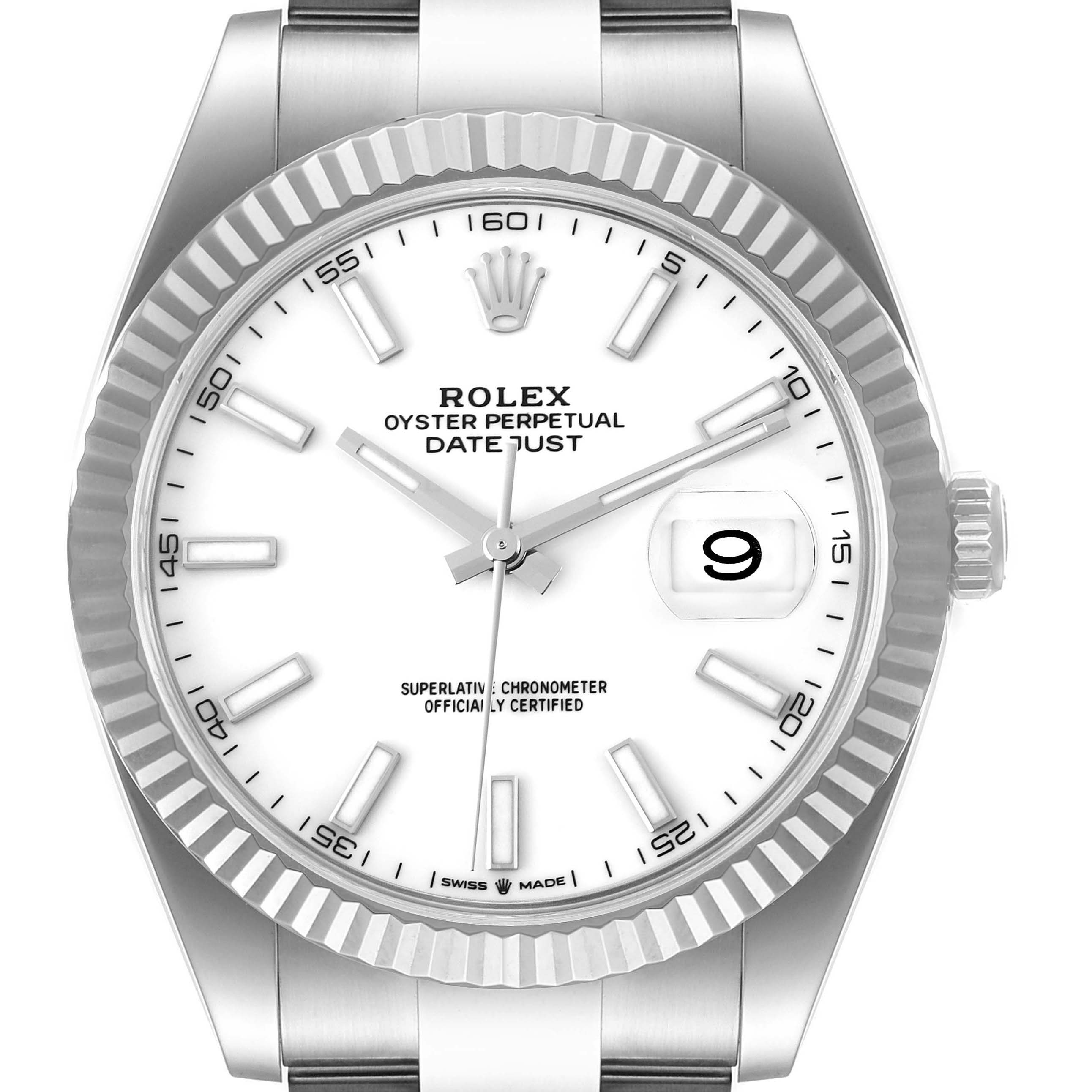 This image shows a front view of the Rolex Datejust 41 126334 Men's Stainless Steel White Dial 126334 Men's Stainless Steel White Dial watch, highlighting its dial, hands, date window, and fluted bezel.