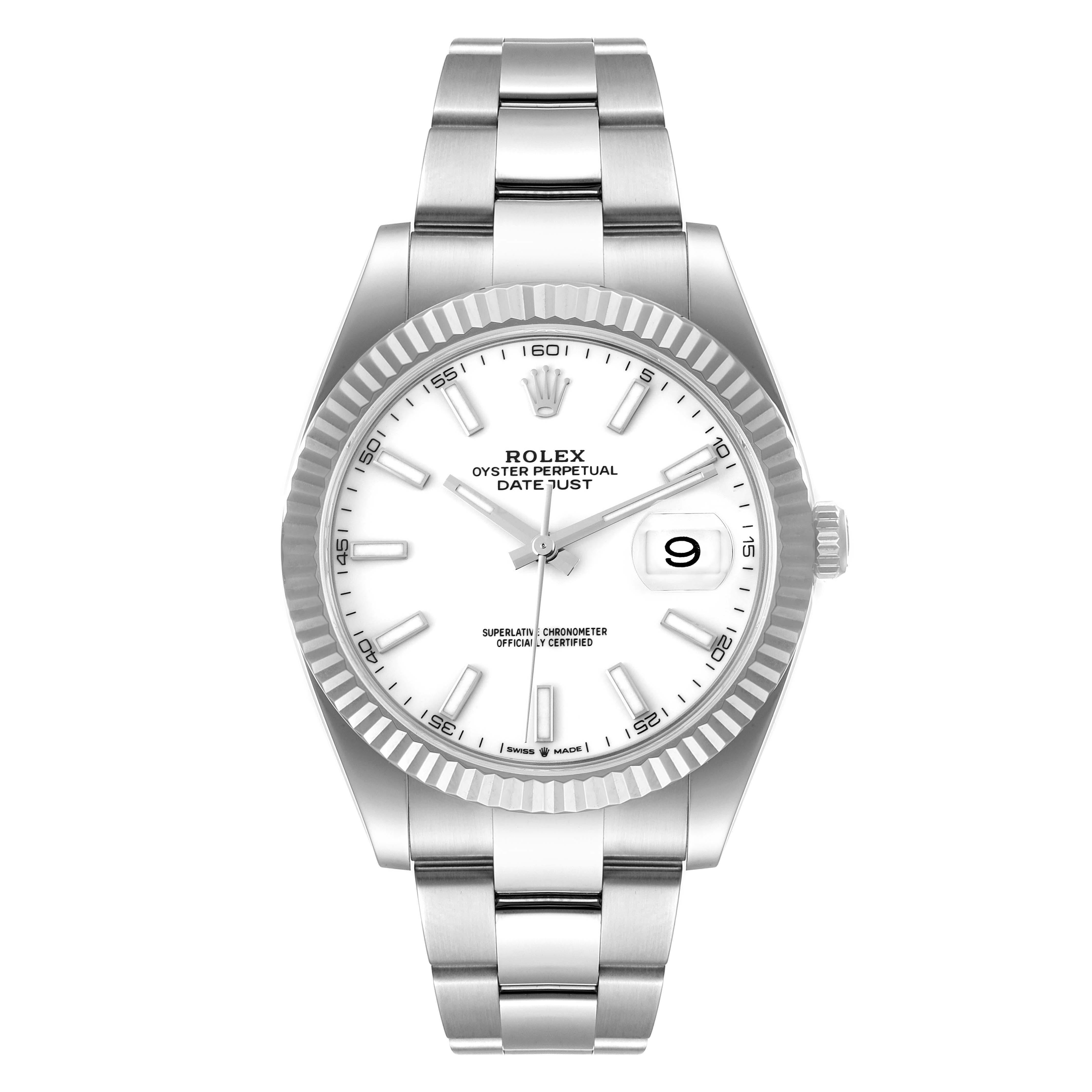 This image shows a front view of a Rolex Datejust 41 126334 Men's Stainless Steel White Dial 126334 Men's Stainless Steel White Dial watch, highlighting its white dial, fluted bezel, and stainless steel bracelet.