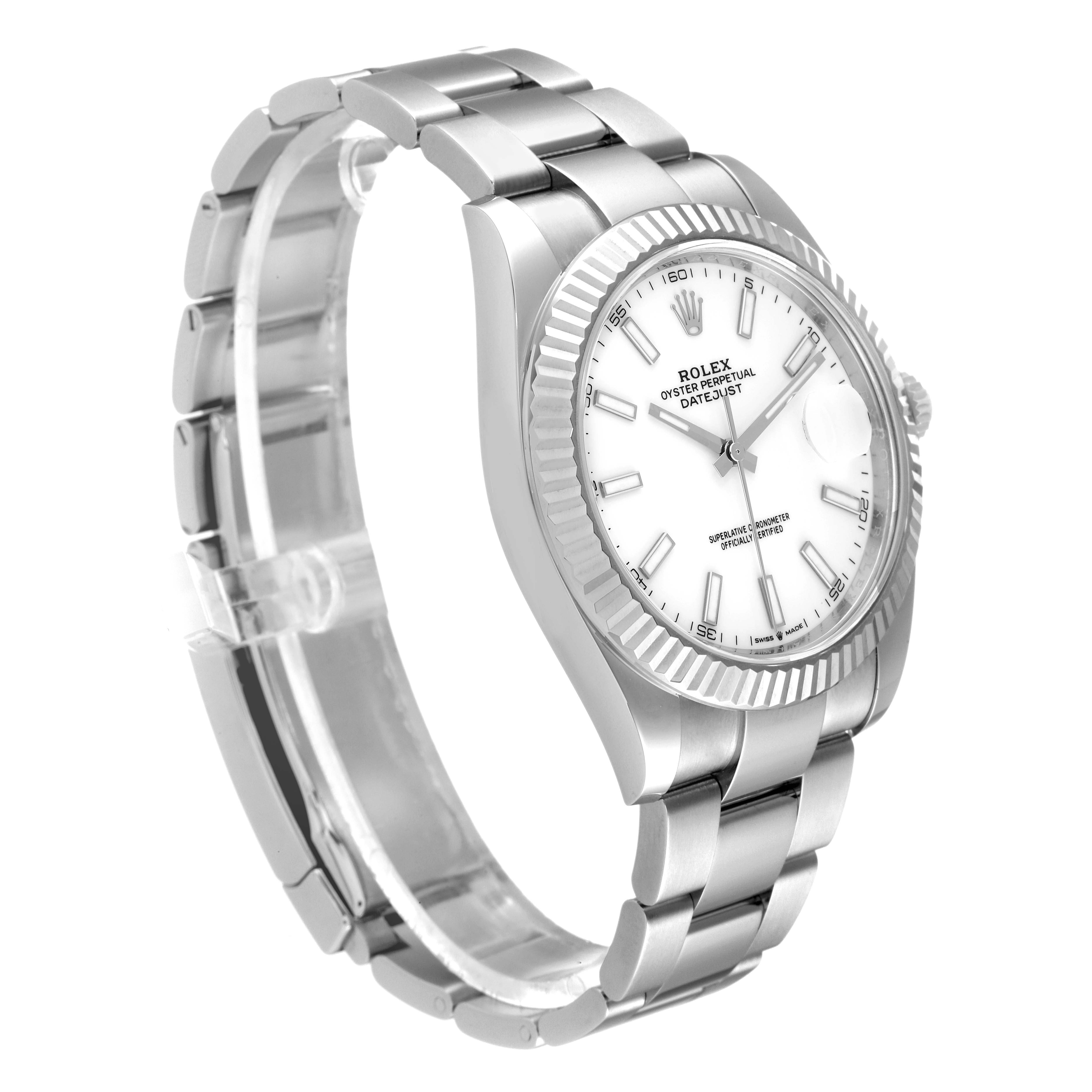 The Rolex Datejust 41 126334 Men's Stainless Steel White Dial 126334 Men's Stainless Steel White Dial model watch is shown at an angled view, highlighting the face, bezel, case, and bracelet.