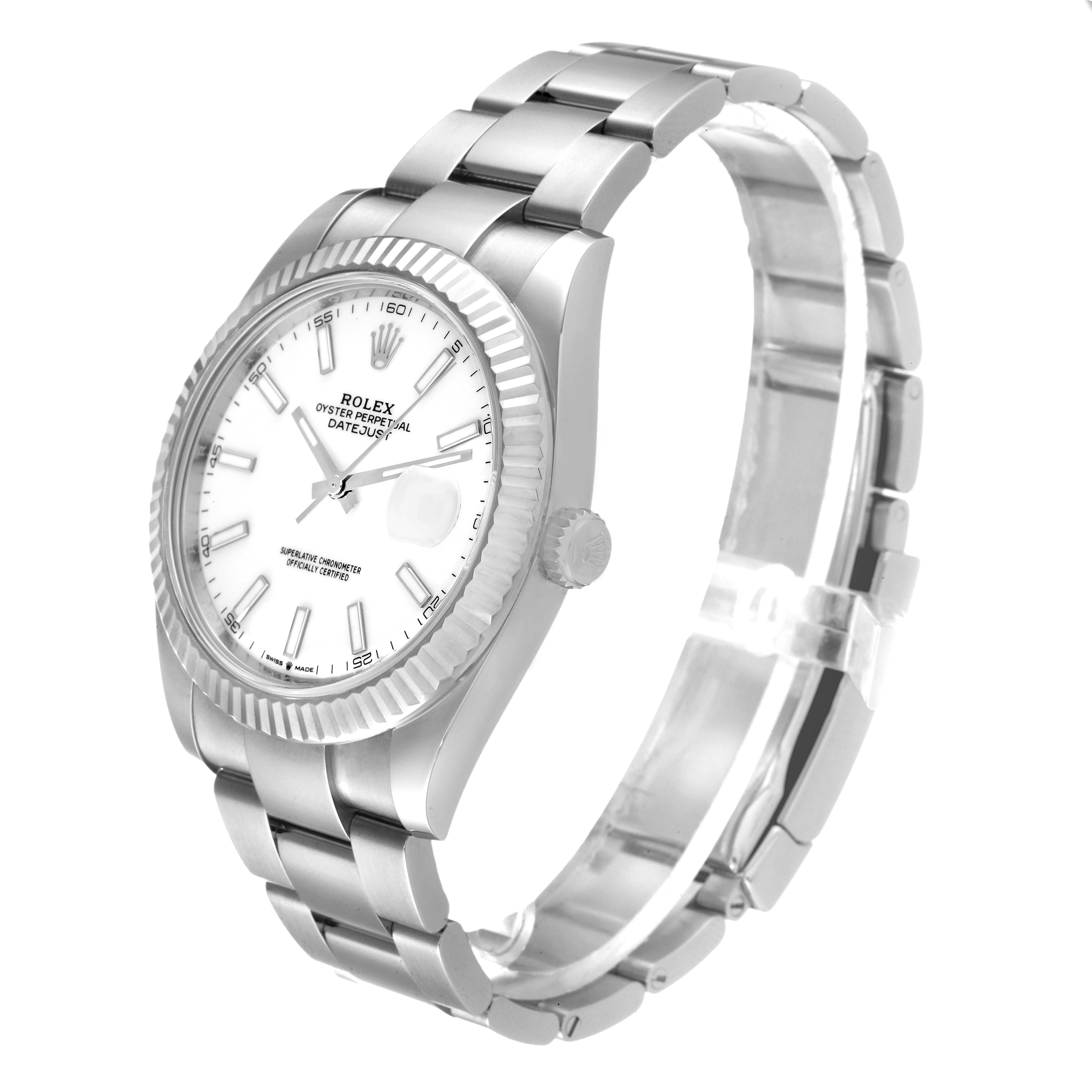 The image shows a Rolex Datejust 41 126334 Men's Stainless Steel White Dial 126334 Men's Stainless Steel White Dial watch in a three-quarter angle, highlighting the watch face, bezel, and metal bracelet.