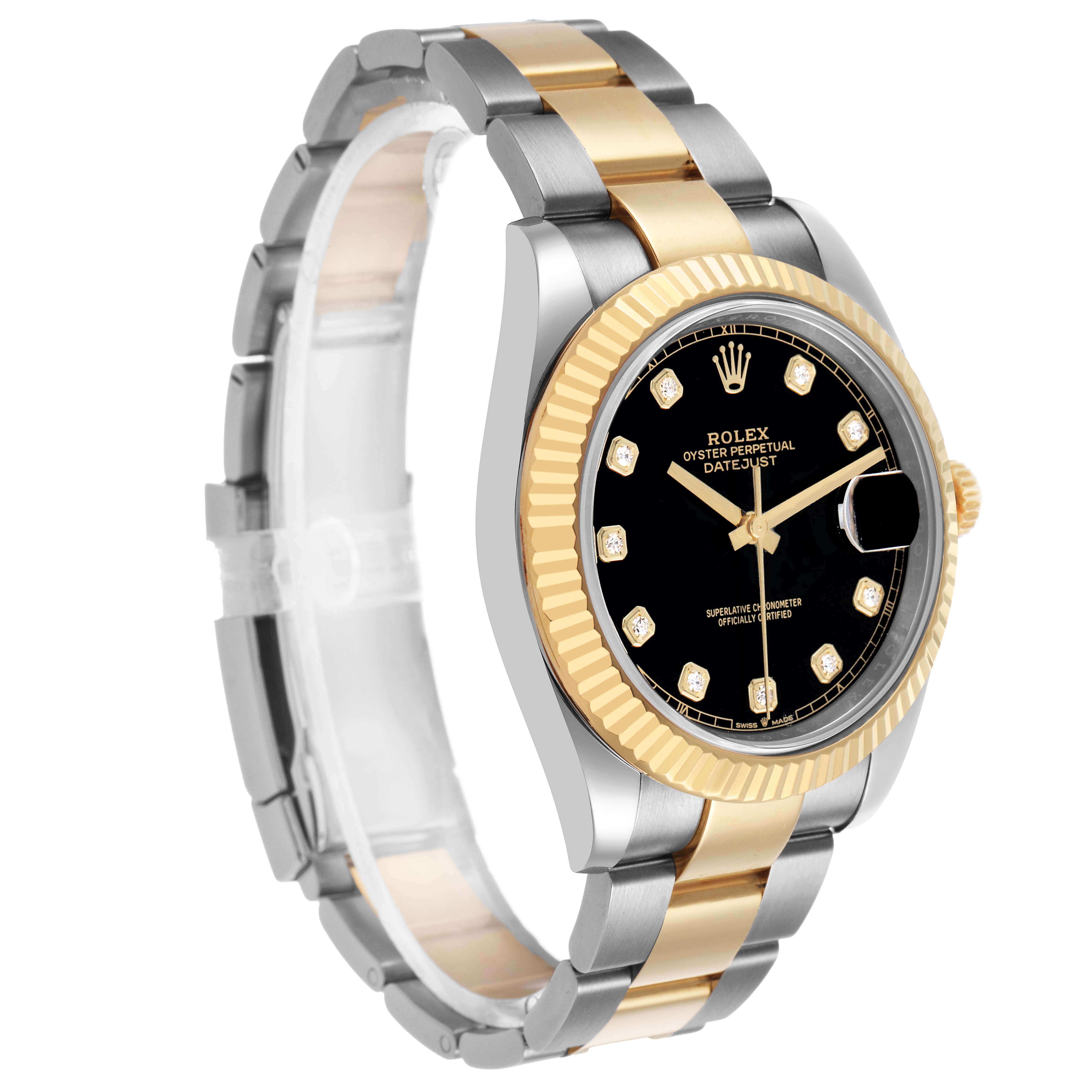The Rolex Datejust 126333 Men's Steel and Gold (two tone) Black Dial watch is shown at a slight angle, highlighting the black dial, gold fluted bezel, and two-tone bracelet.