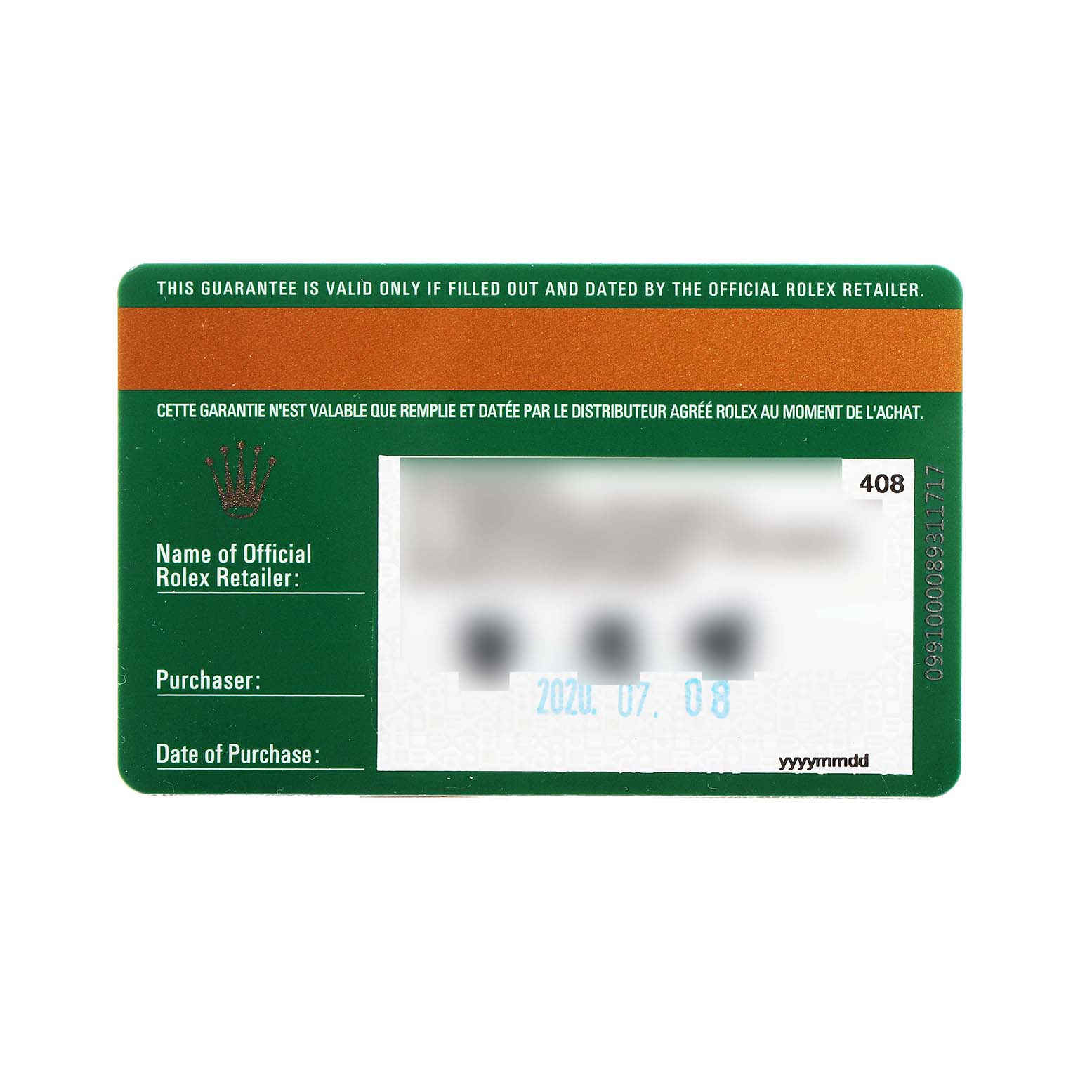 This image shows a Rolex Datejust 126333 Men's Steel and Gold (two tone) Black Dial warranty card with purchase details visible.