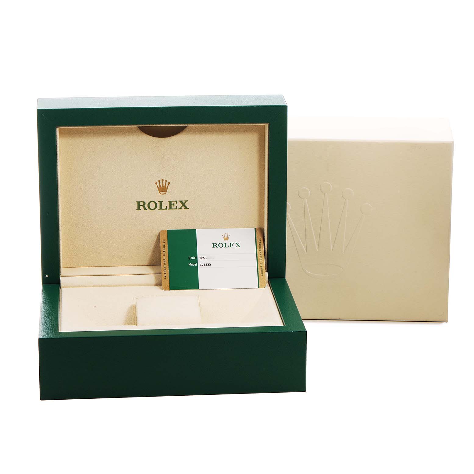 The image shows a Rolex Datejust 126333 Men's Steel and Gold (two tone) Black Dial watch box with an authentication card inside, viewed from the front.