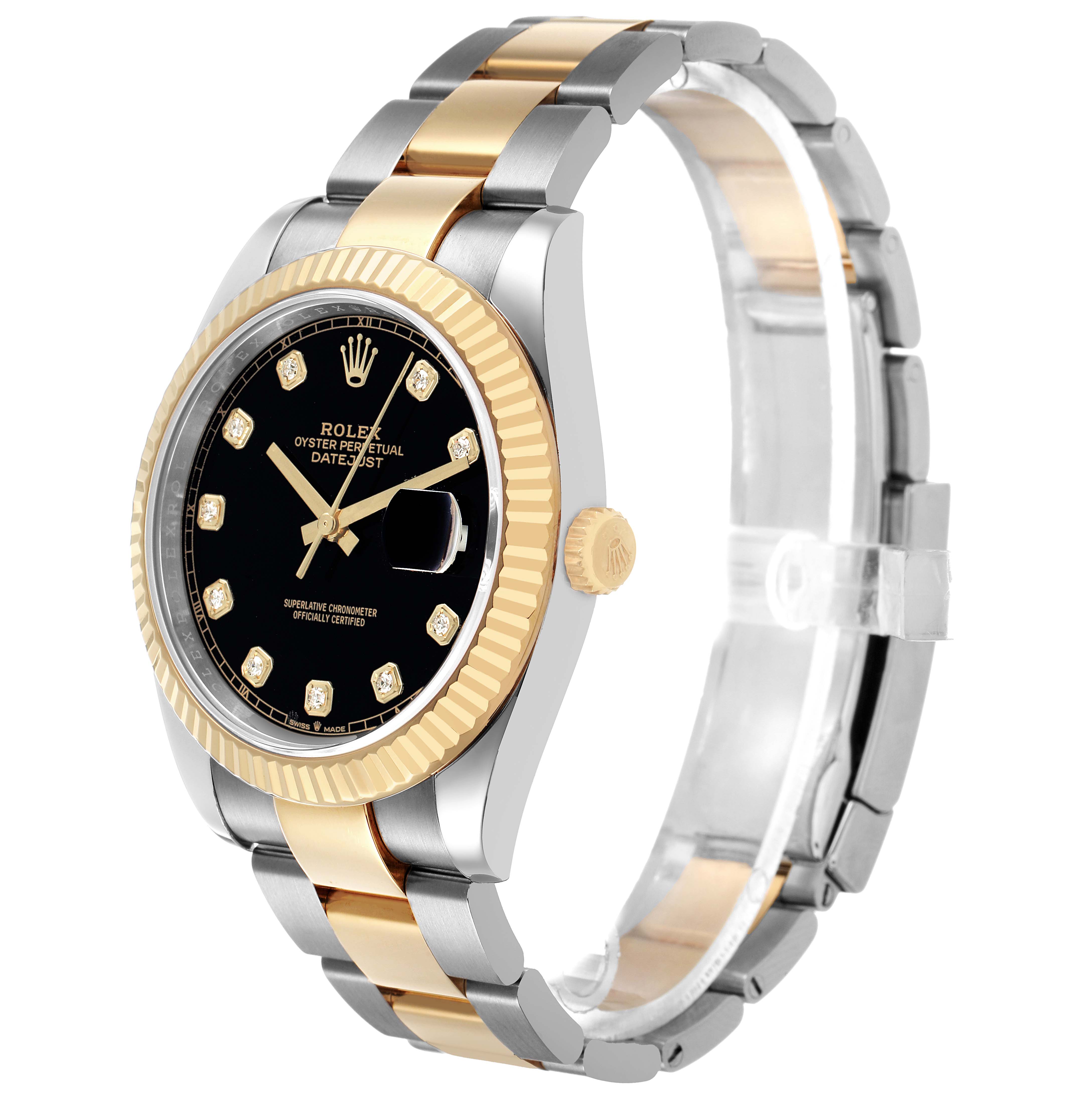The Rolex Datejust 126333 Men's Steel and Gold (two tone) Black Dial watch is shown at a three-quarter angle, highlighting the black dial, gold bezel, and two-tone bracelet.