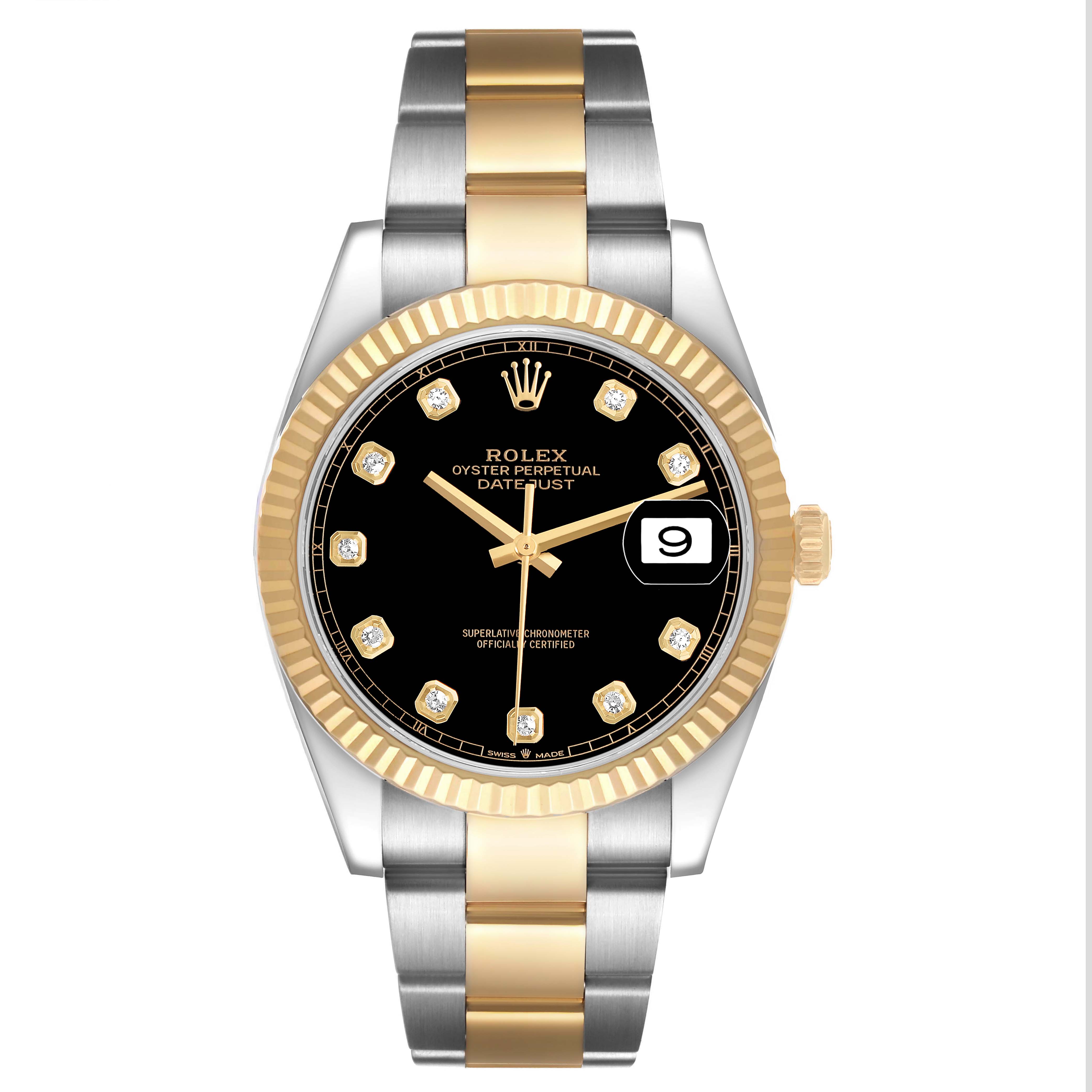 The Rolex Datejust 126333 Men's Steel and Gold (two tone) Black Dial watch is shown from a front angle, highlighting its black dial, gold fluted bezel, and two-tone bracelet.
