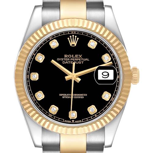 The Rolex Datejust 126333 Men's Steel and Gold (two tone) Black Dial watch is shown from the front, highlighting its black dial, gold fluted bezel, and diamond hour markers.