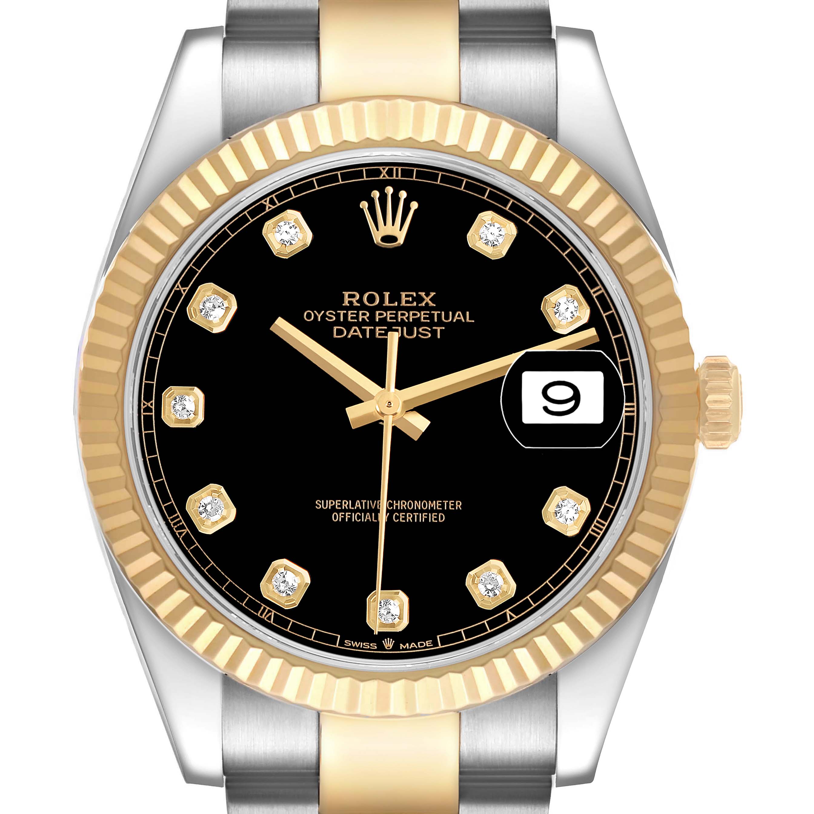 The Rolex Datejust 126333 Men's Steel and Gold (two tone) Black Dial watch is shown from the front, highlighting the bezel, dial, hands, and diamond hour markers.