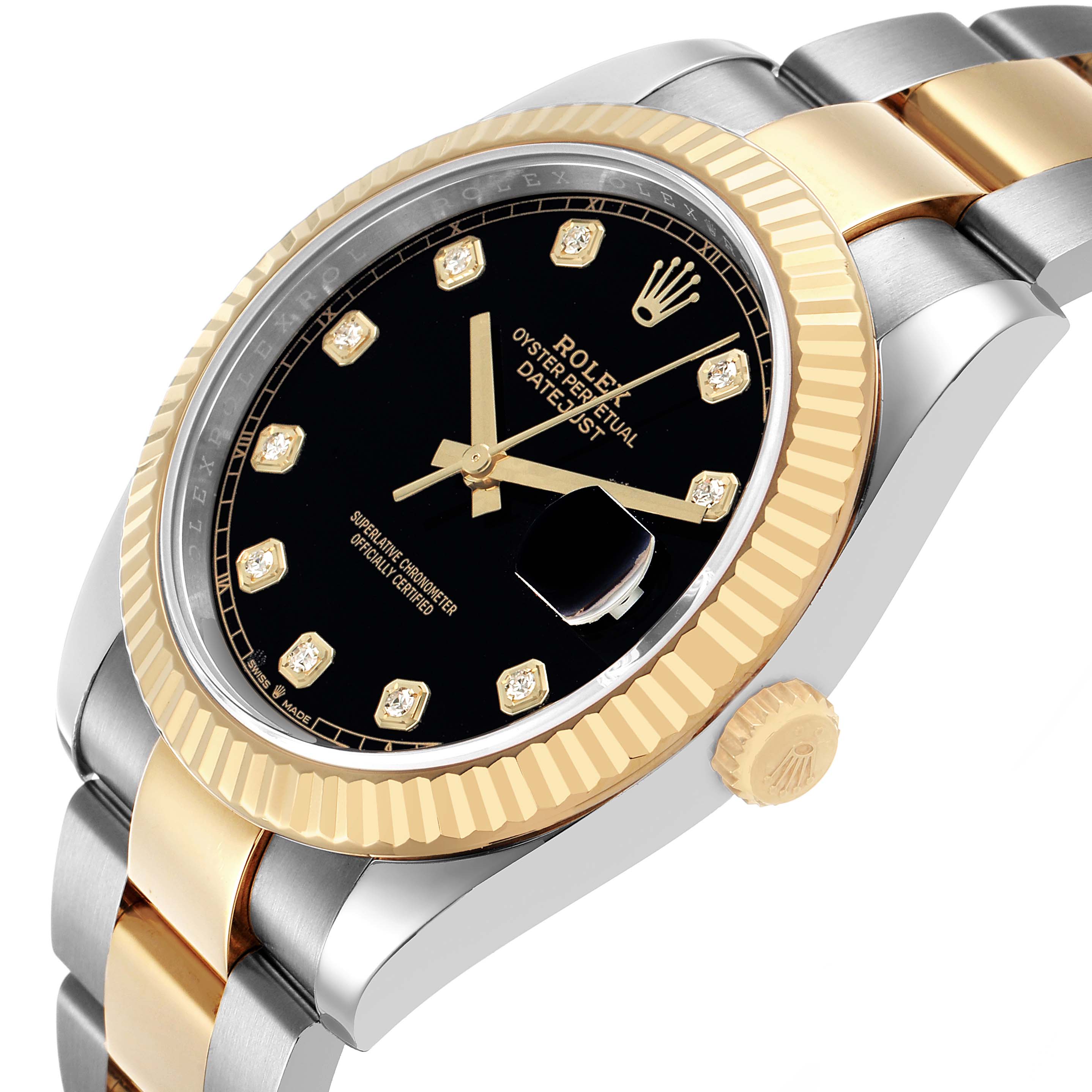 The Rolex Datejust 126333 Men's Steel and Gold (two tone) Black Dial watch is shown at an angled side view, highlighting the bezel, crown, dial, and part of the bracelet.